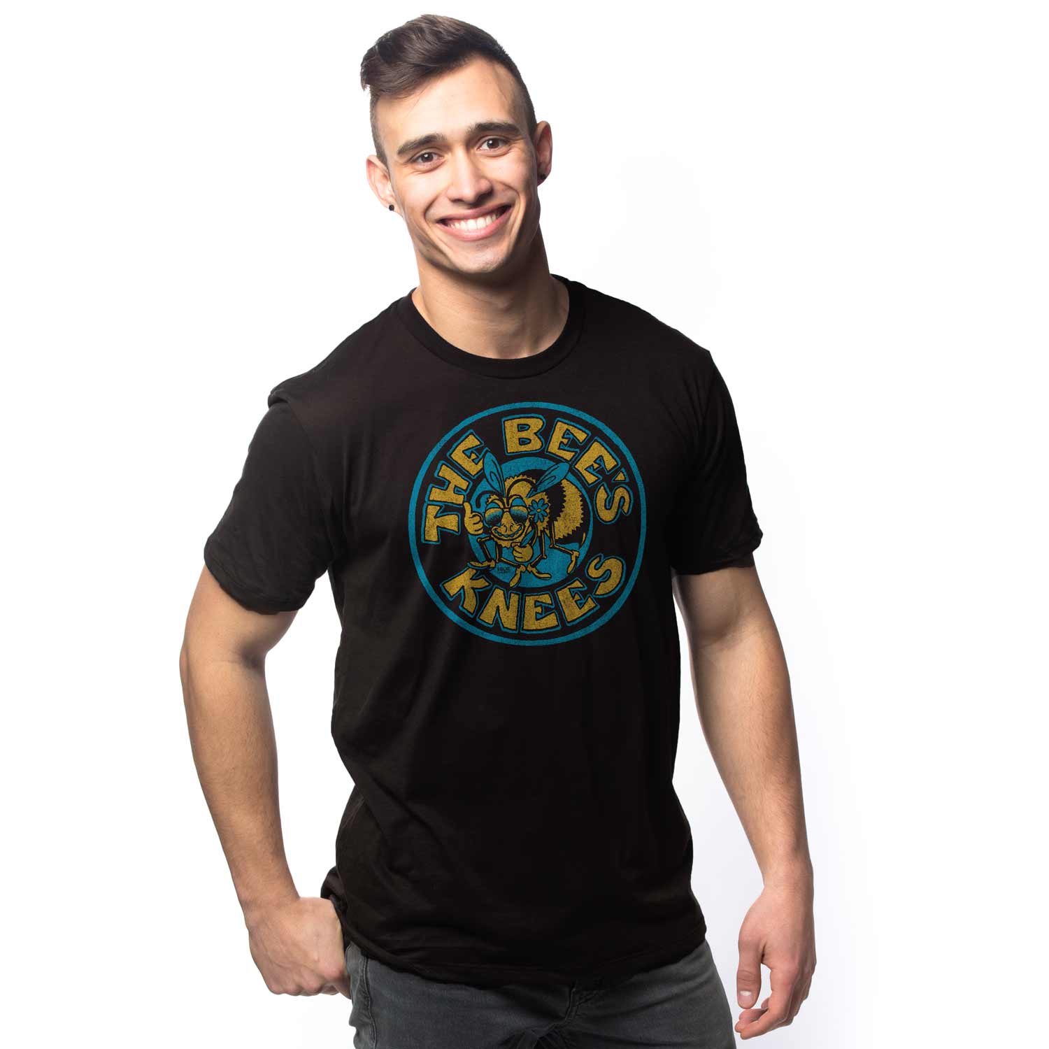 Men's The Bee's Knees Vintage Inspired T-Shirt | Retro Insect Graphic Tee On Model | Solid Threads