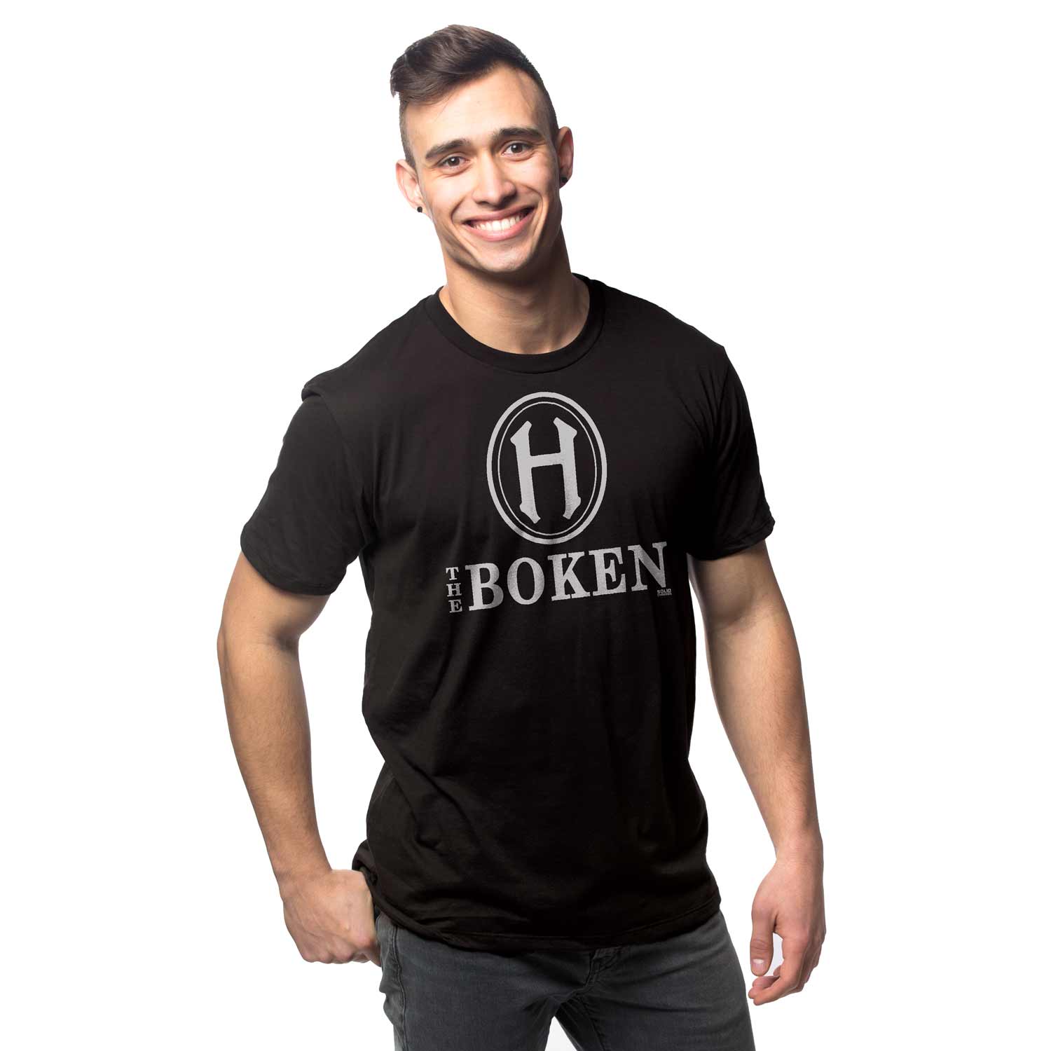 Men's The Boken Cool Graphic T-Shirt | Vintage Hoboken NJ Black Tee On Model | Solid Threads