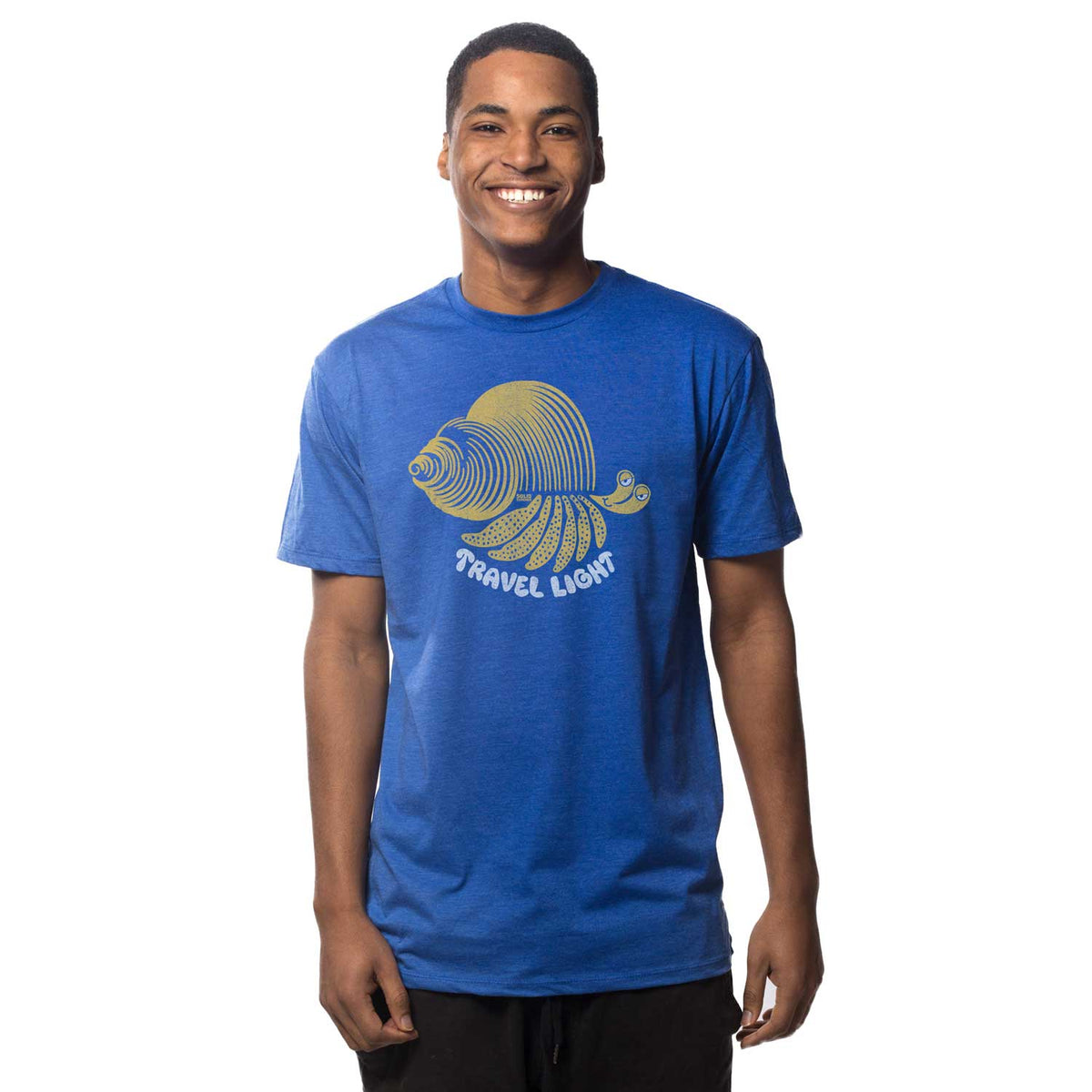 Men's Travel Light Funny Hermit Crab Graphic Tee | Vintage Beach T-shirt on Model | Solid Threads