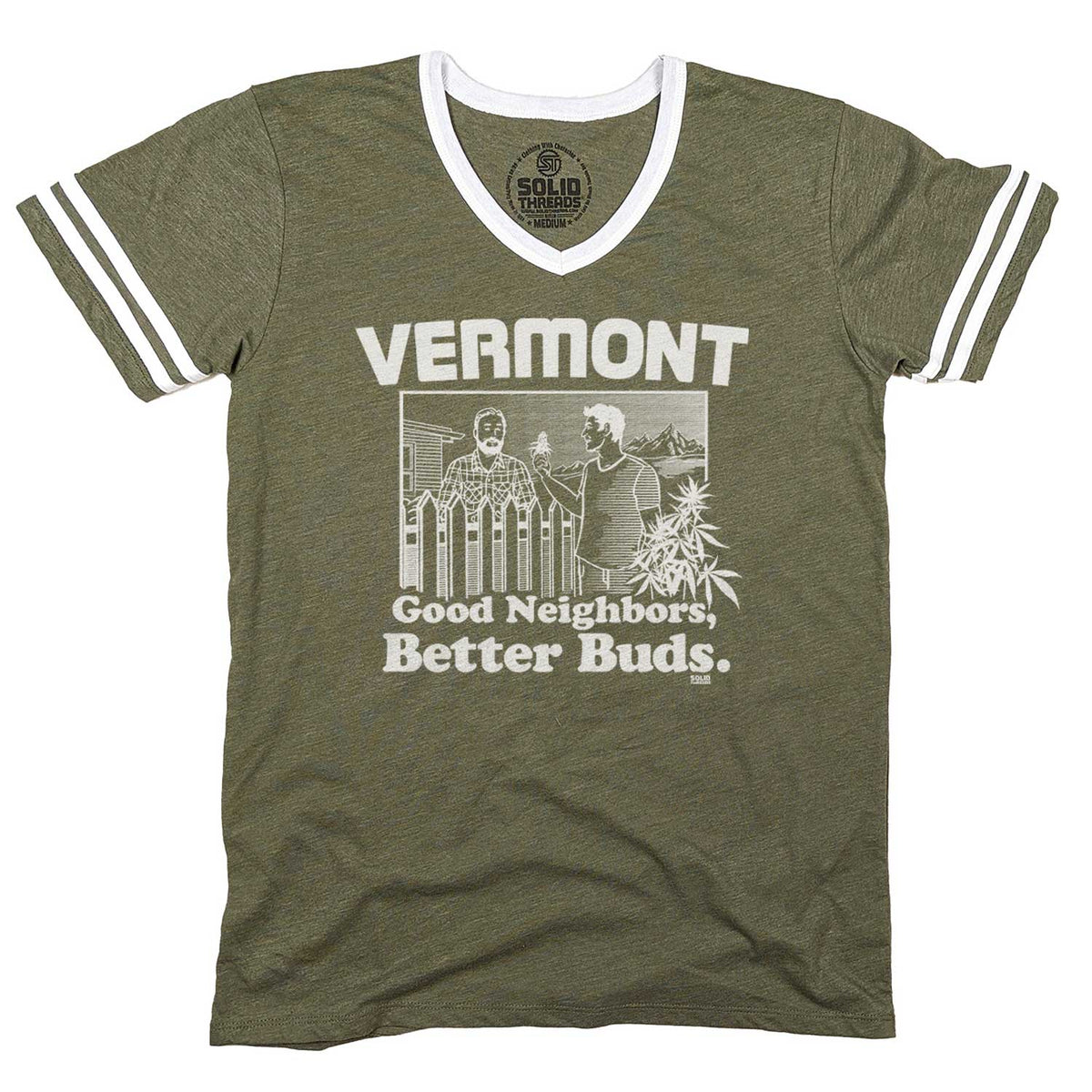 Men&#39;s Vermont Better Buds Vintage Graphic V-Neck Tee | Funny Marijuana T-shirt | Solid Threads