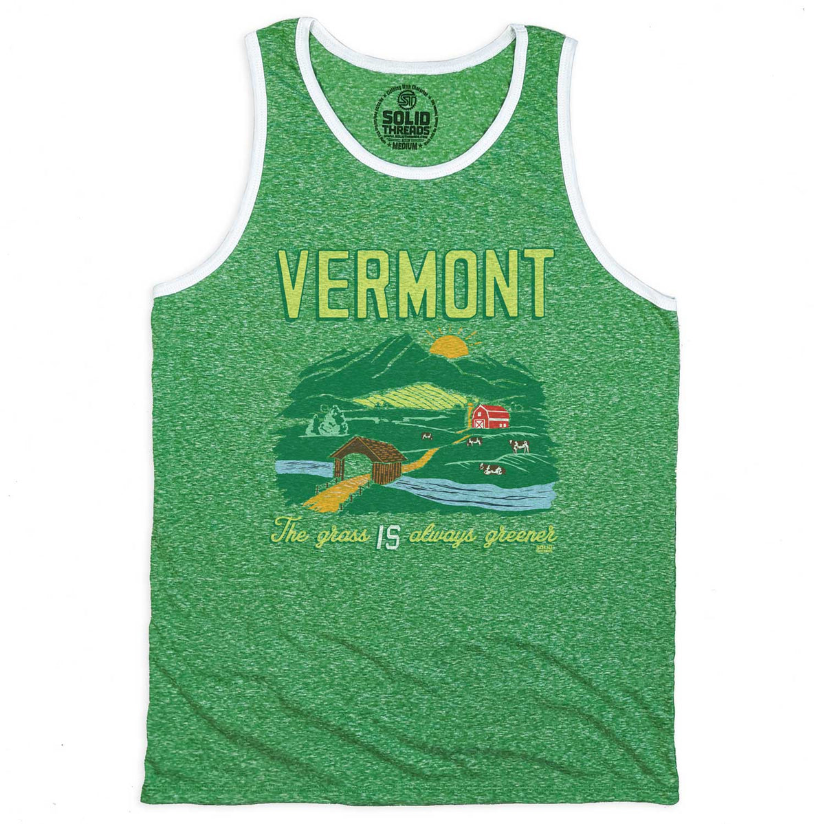 Men&#39;s Vermont The Grass IS Always Greener Vintage Graphic Tank Top | Farmland T-shirt | Solid Threads