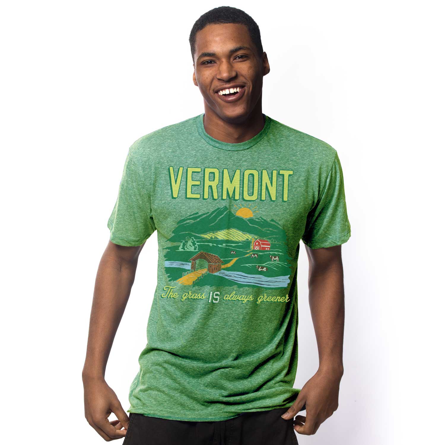 Cool Men's Vermont Grass Always Greener Graphic Tee | Vintage Farm T-Shirt on Model | Solid Threads