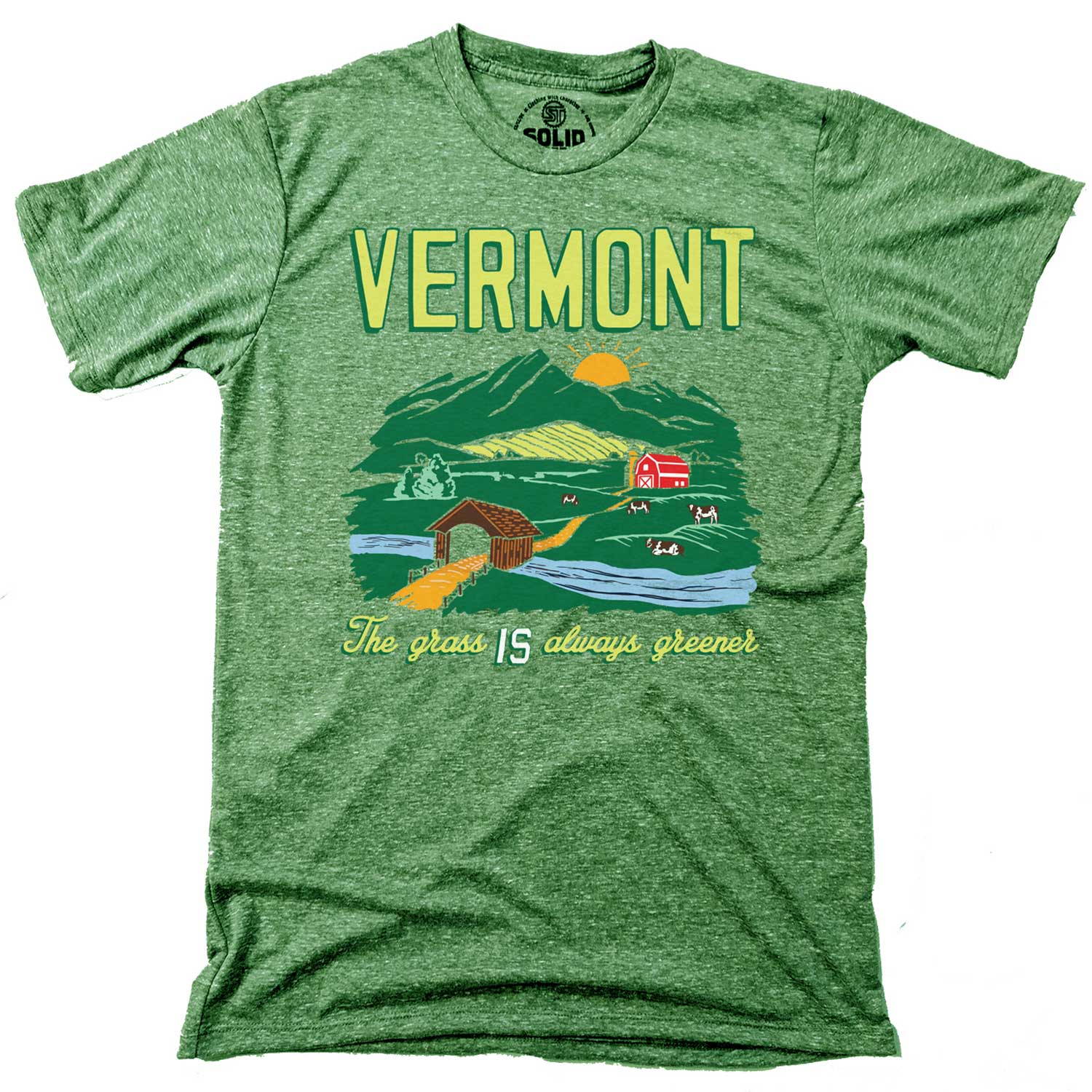 Men's Vermont Grass Always Greener Graphic Tee | Vintage Farm Landscape T-Shirt | Solid Threads