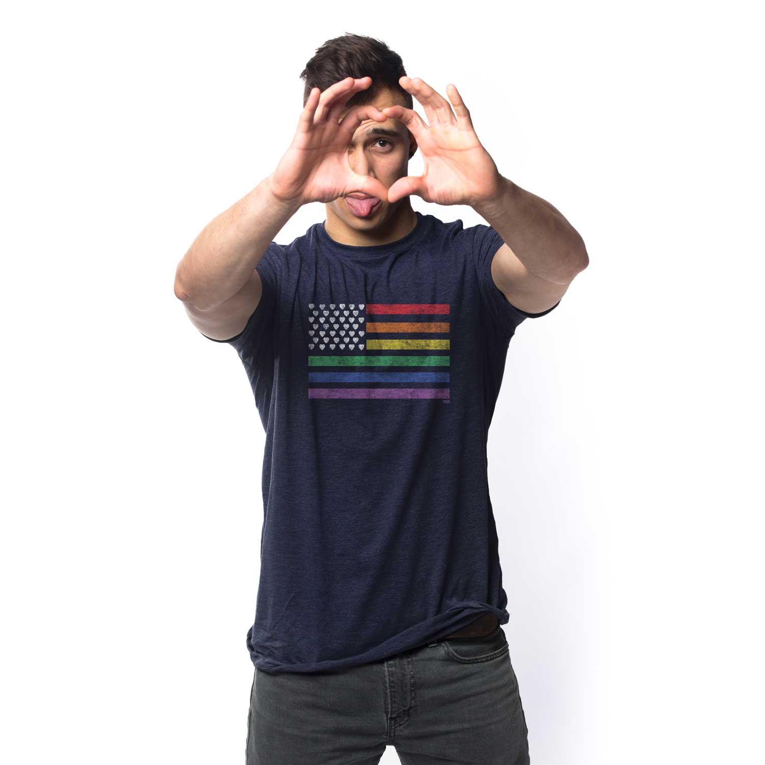 Men's American Pride Cool Graphic T-Shirt | Vintage LGBTQ Rights Tee on Model | Solid Threads