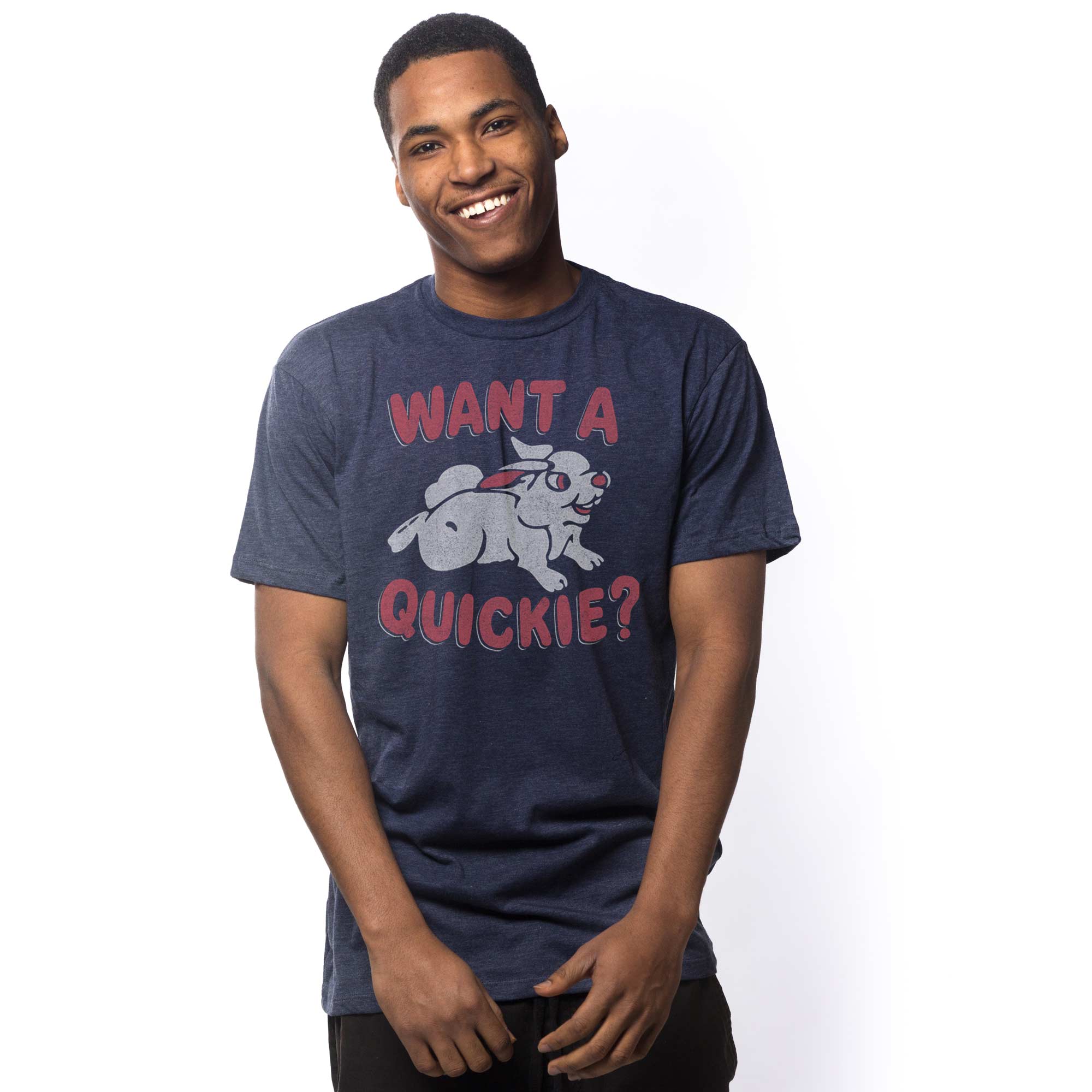 Men's Want a Quickie Vintage Graphic Tee | Funny Bunny Sex Soft T-shirt on Model | Solid Threads