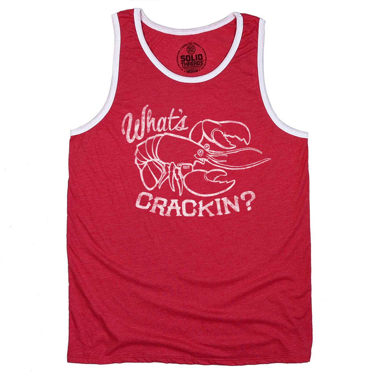 Men&#39;s What&#39;s Crackin Vintage Beach Graphic Tank Top | Funny Lobster Sleeveless Shirt | Solid Threads