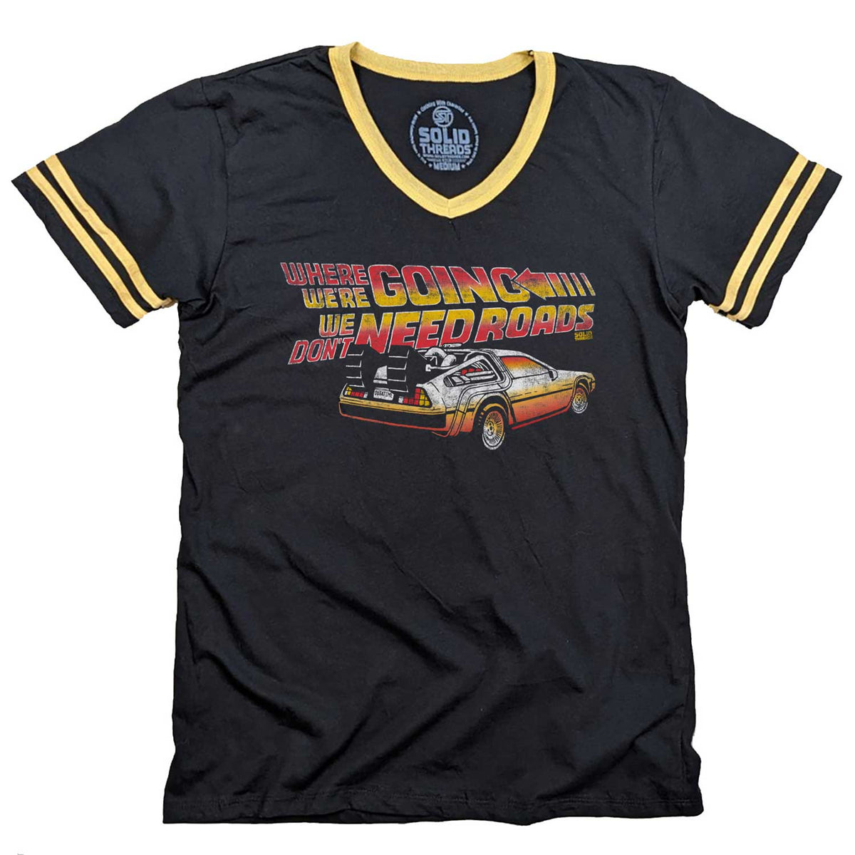 Men&#39;s Where We&#39;re Going We Don&#39;t Need Roads Graphic V-neck Tee | Retro Movie T-Shirt | Solid Threads