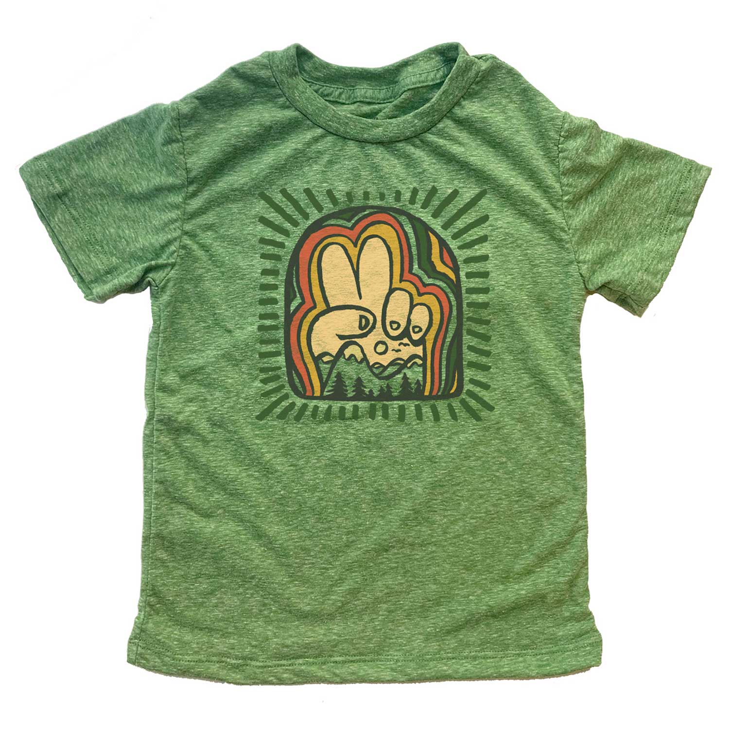Kid Peace Mountains Artsy Nature Graphic Tee | Retro Peace Sign T-shirt for Youth | Solid Threads