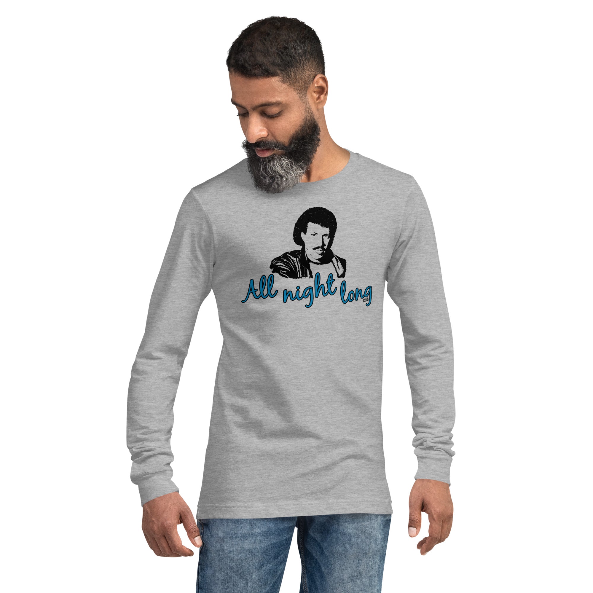 All Night Long Vintage Graphic Long Sleeve Tee | Funny Lionel Richie T-Shirt On Model - Solid Threads