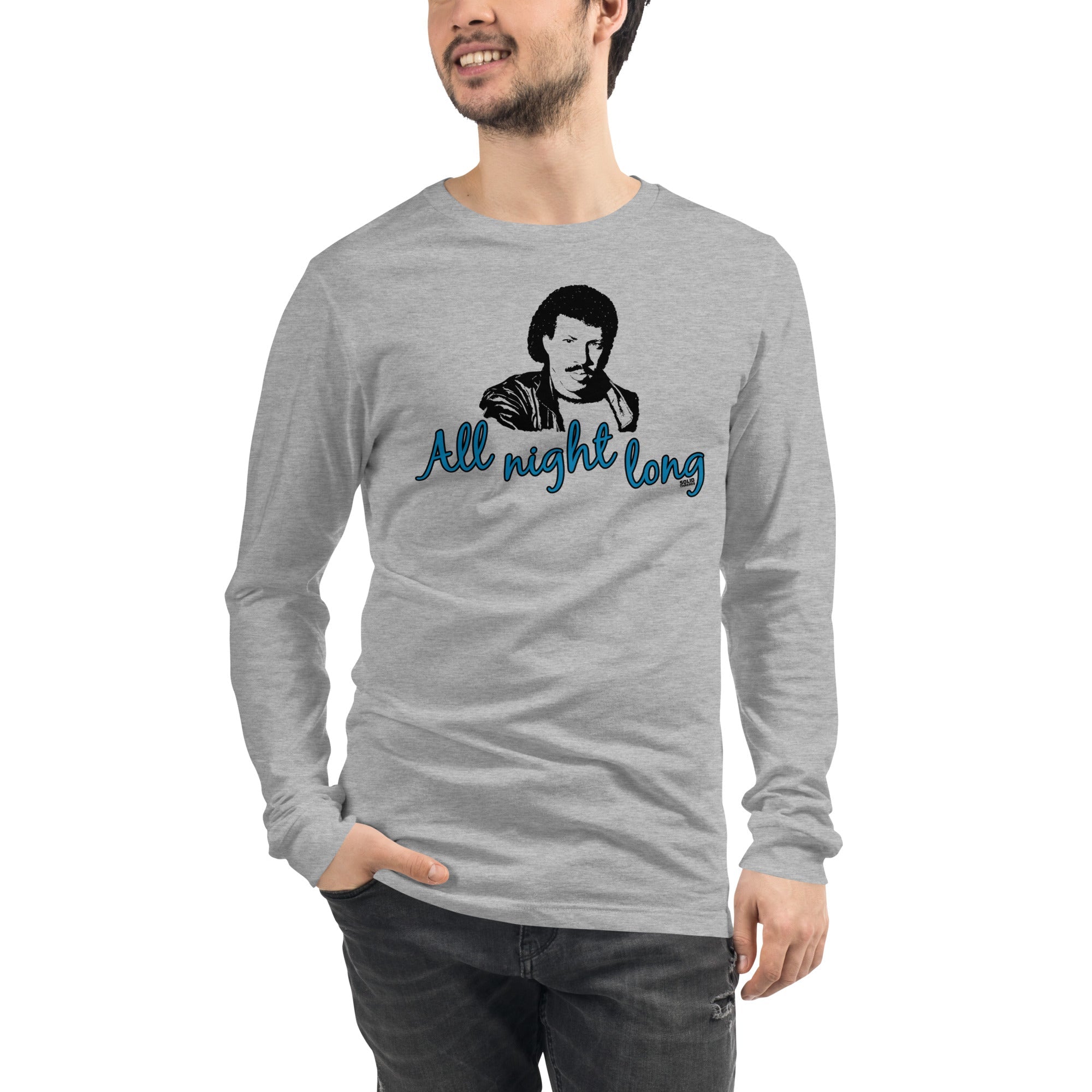 All Night Long Vintage Graphic Long Sleeve Tee | Funny Lionel Richie T-Shirt Model Closeup - Solid Threads