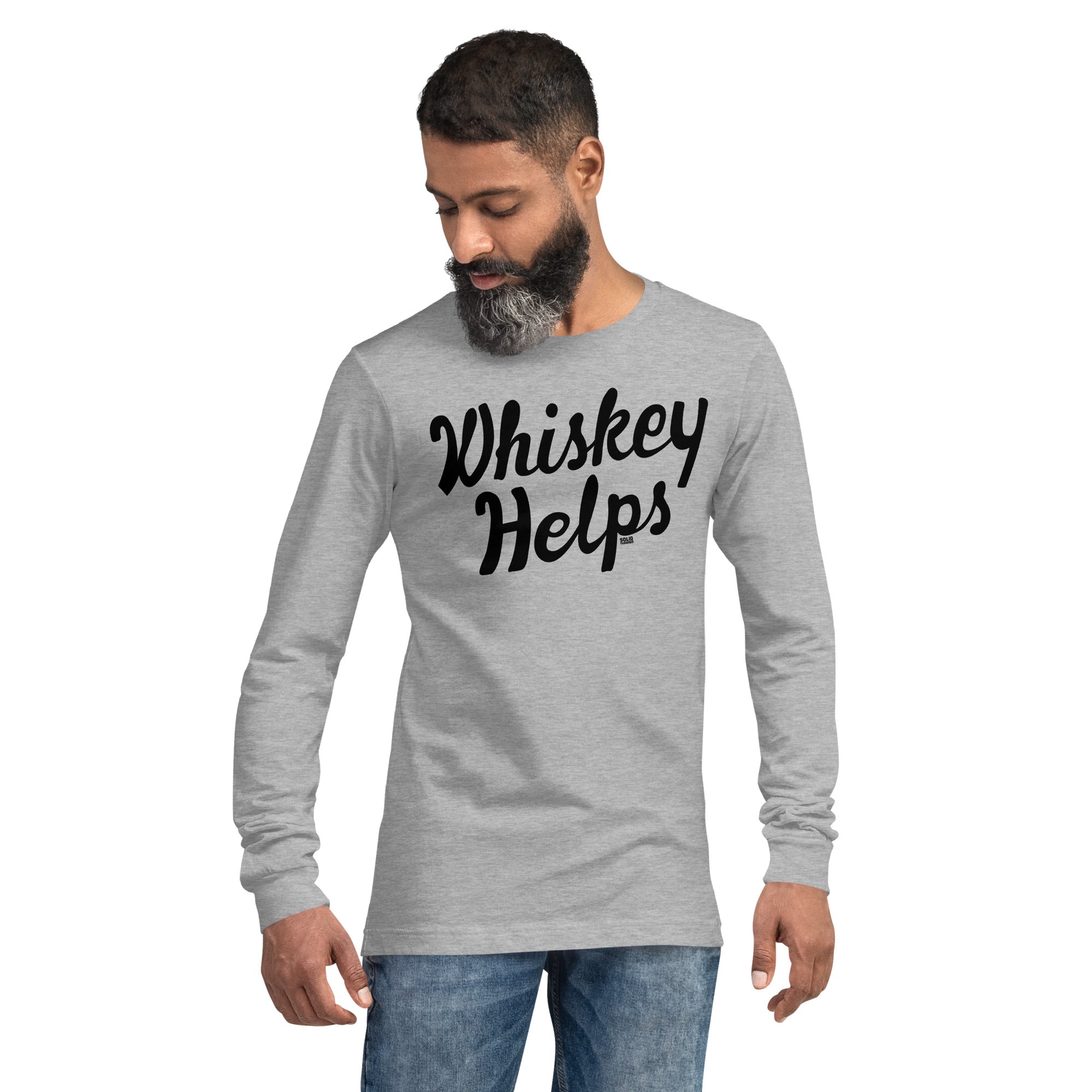Whiskey Helps Vintage Graphic Long Sleeve Tee | Funny Drinking T-Shirt Athletic Heather Model - Solid Threads