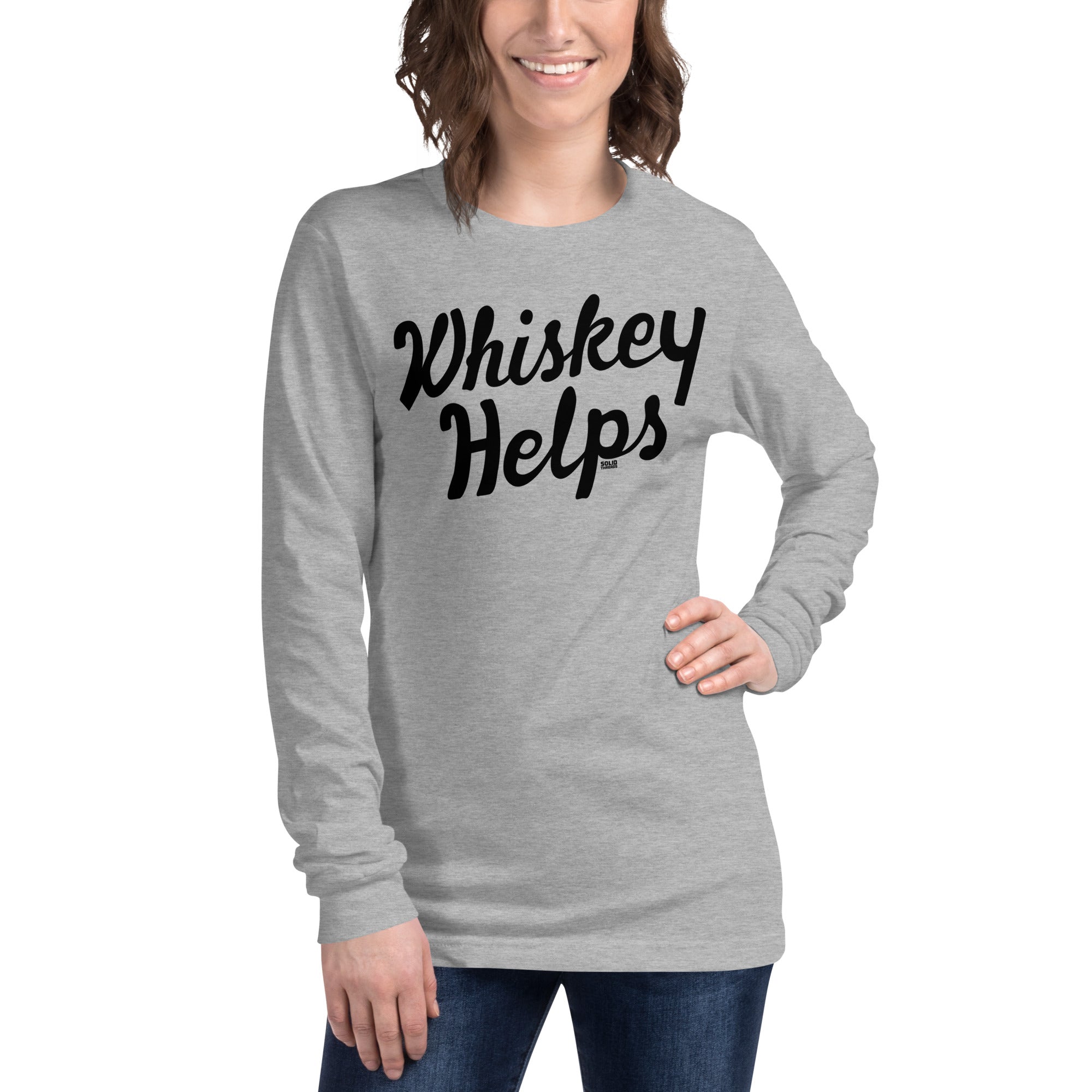 Whiskey Helps Vintage Graphic Long Sleeve Tee | Funny Drinking T-Shirt Athletic Heather Female Model Closeup - Solid Threads