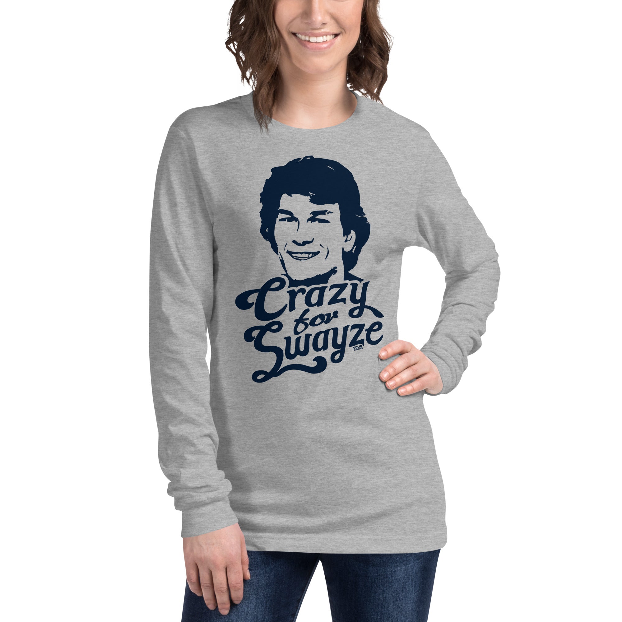 Crazy For Swayze Vintage Graphic Long Sleeve Tee | Funny Patrick Swayze T-Shirt Female Model Closeup - Solid Threads