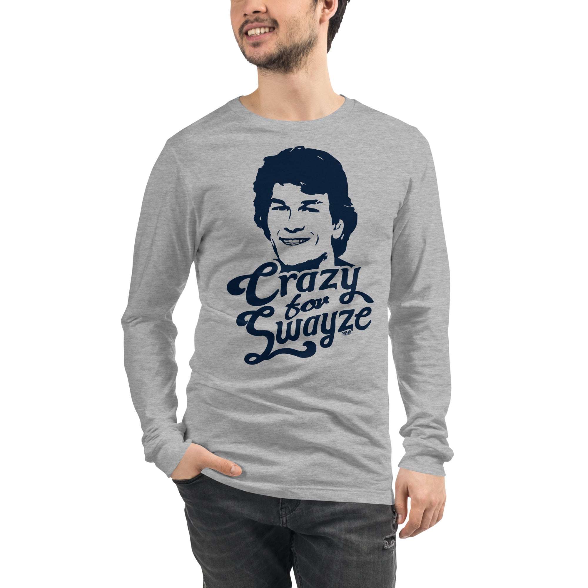 Crazy For Swayze Vintage Graphic Long Sleeve Tee | Funny Patrick Swayze T-Shirt Model Closeup - Solid Threads