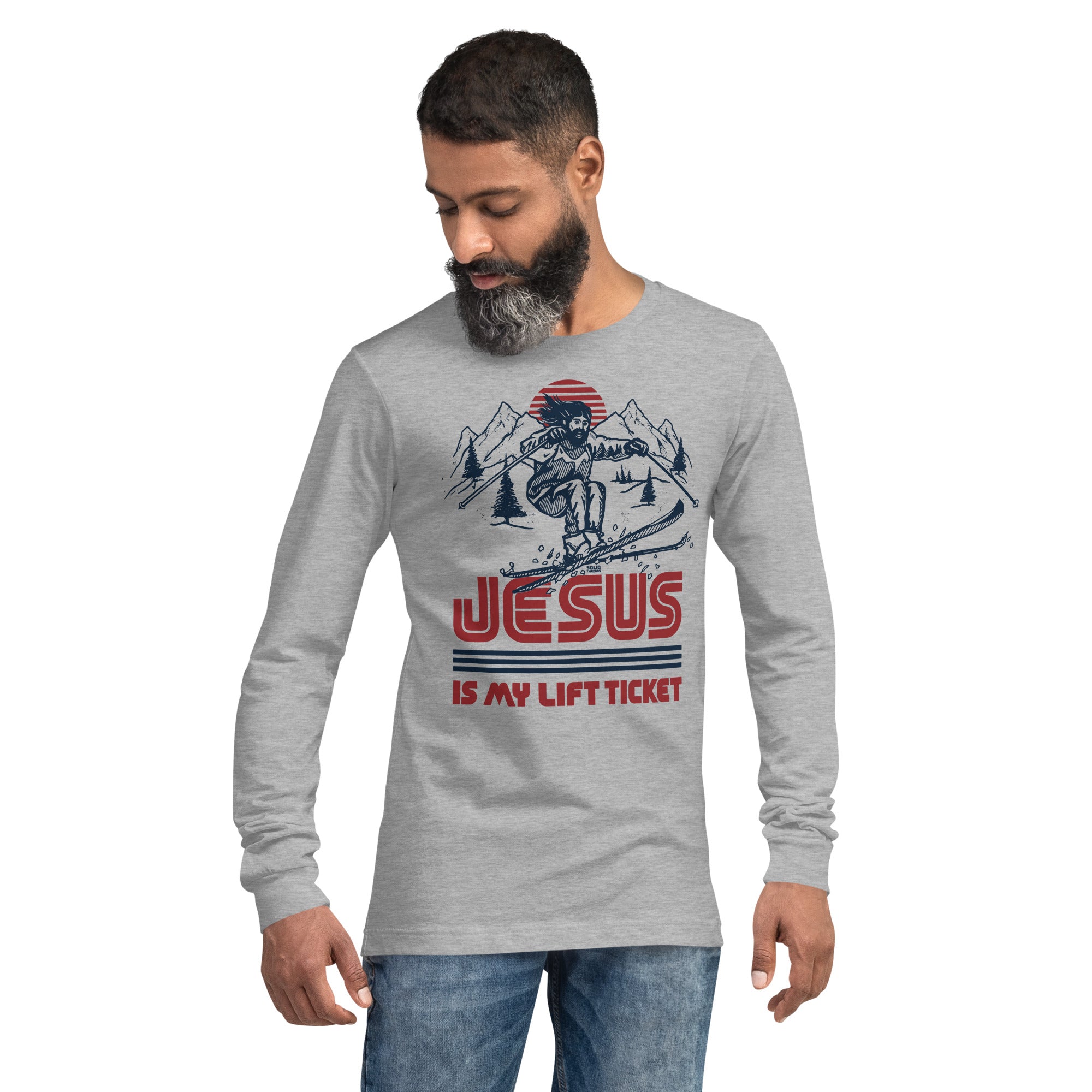Jesus Is My Lift Ticket Vintage Graphic Long Sleeve Tee | Funny Skiing T-Shirt On Model - Solid Threads