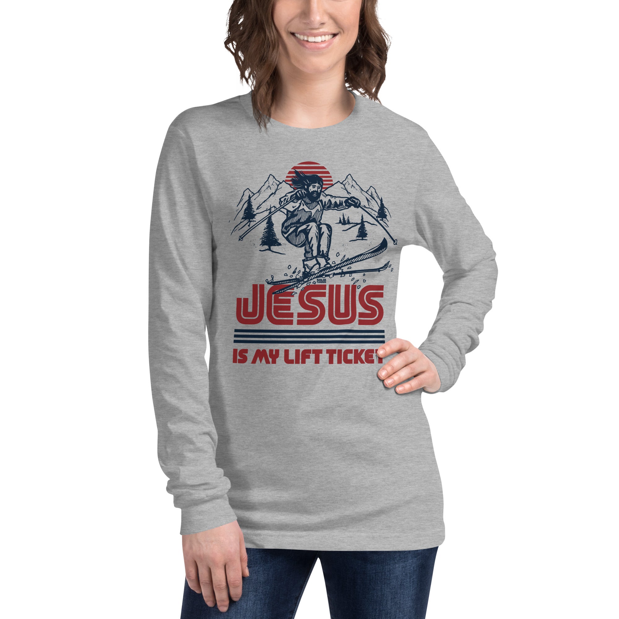 Jesus Is My Lift Ticket Vintage Graphic Long Sleeve Tee | Funny Skiing T-Shirt Female Model Closeup - Solid Threads
