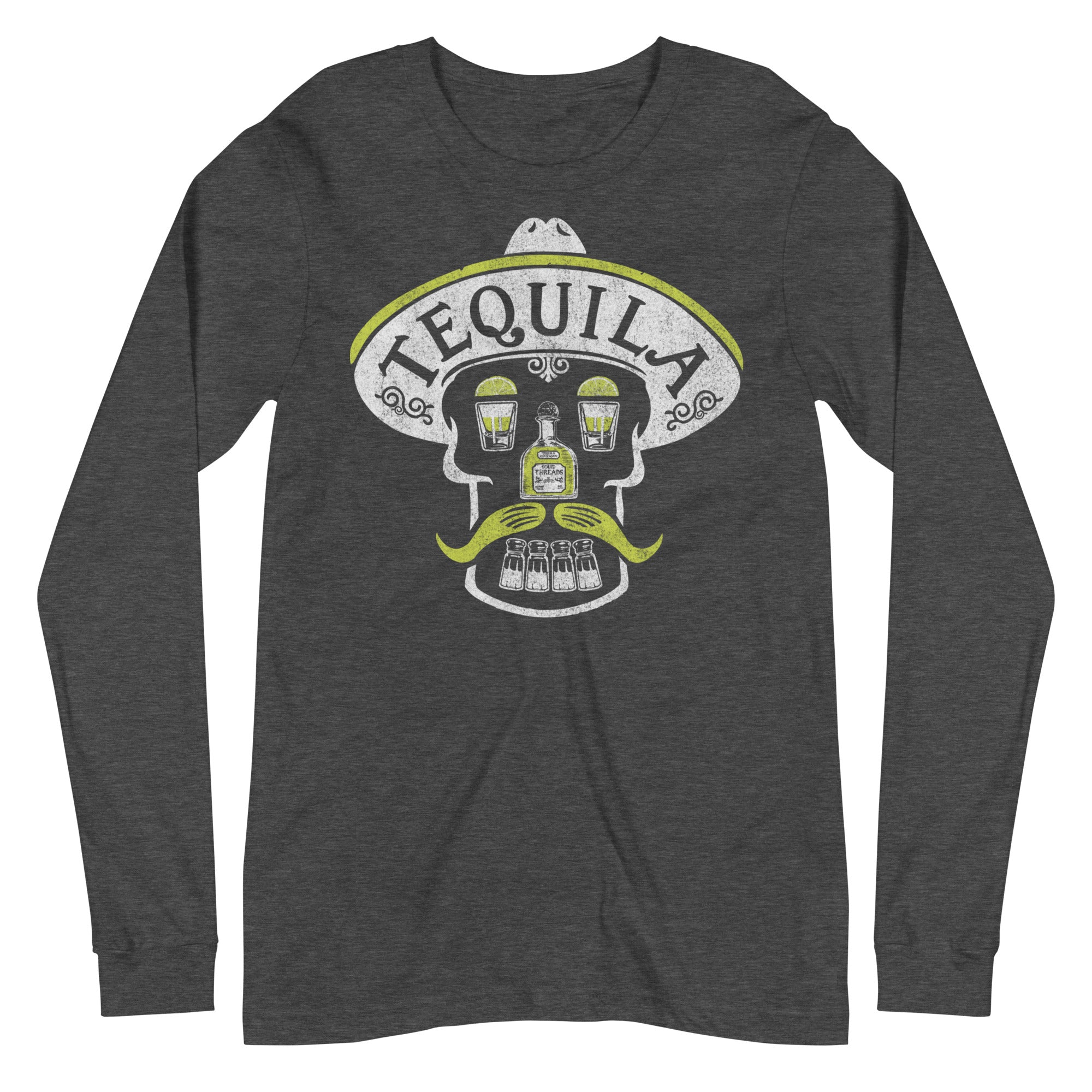 Tequila Skull Vintage Graphic Long Sleeve Tee | Retro Drinking T-Shirt - Solid Threads