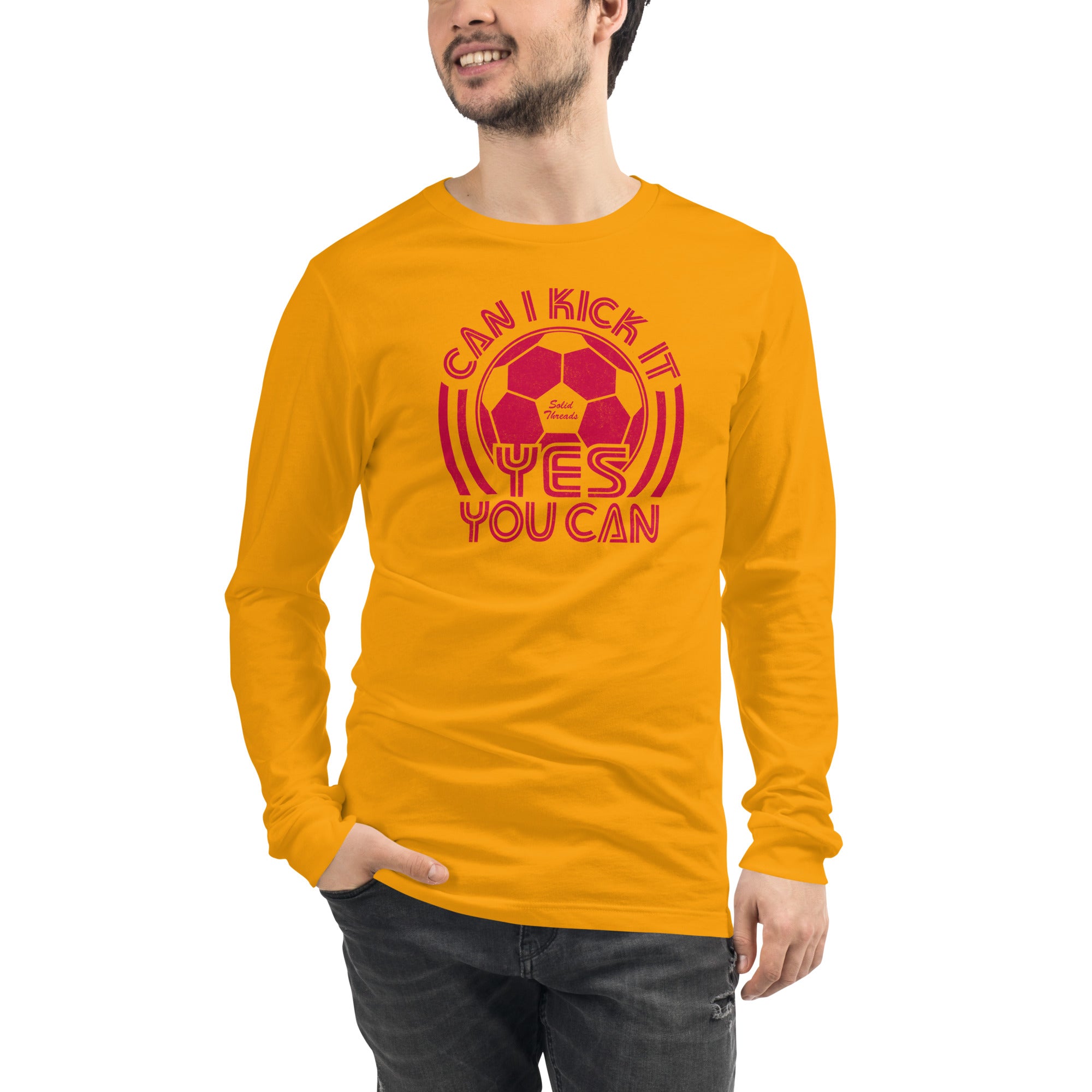 Can I Kick It Vintage Graphic Long Sleeve Tee | Retro Soccer T-Shirt Gold Model Closeup - Solid Threads