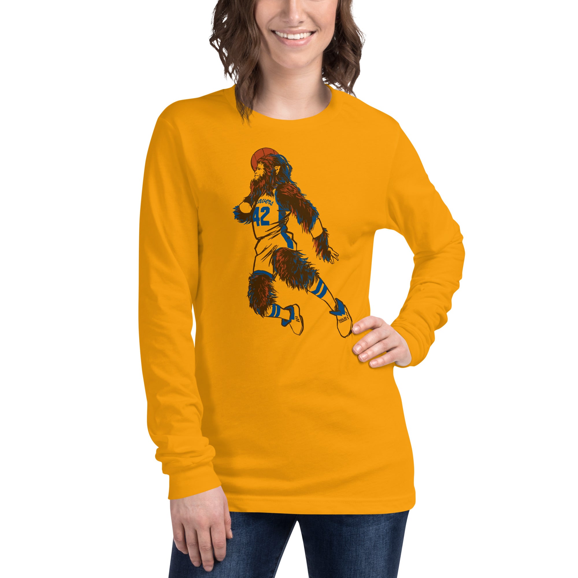 Teen Wolf Vintage Graphic Long Sleeve Tee | Funny Michael J. Fox T-Shirt Gold Female Model Closeup - Solid Threads