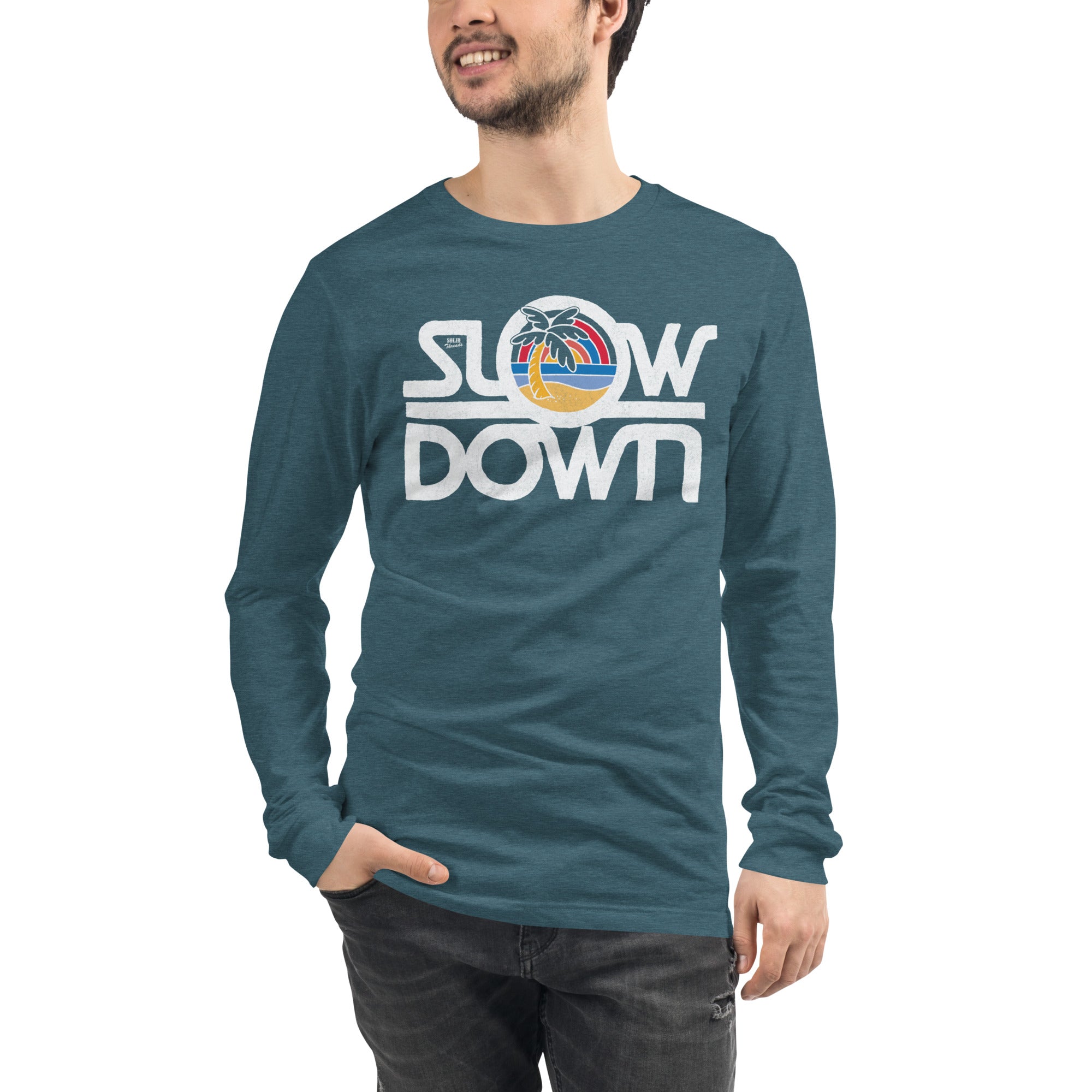 Slow Down Vintage Graphic Long Sleeve Tee | Retro Beach T-Shirt Model Closeup - Solid Threads