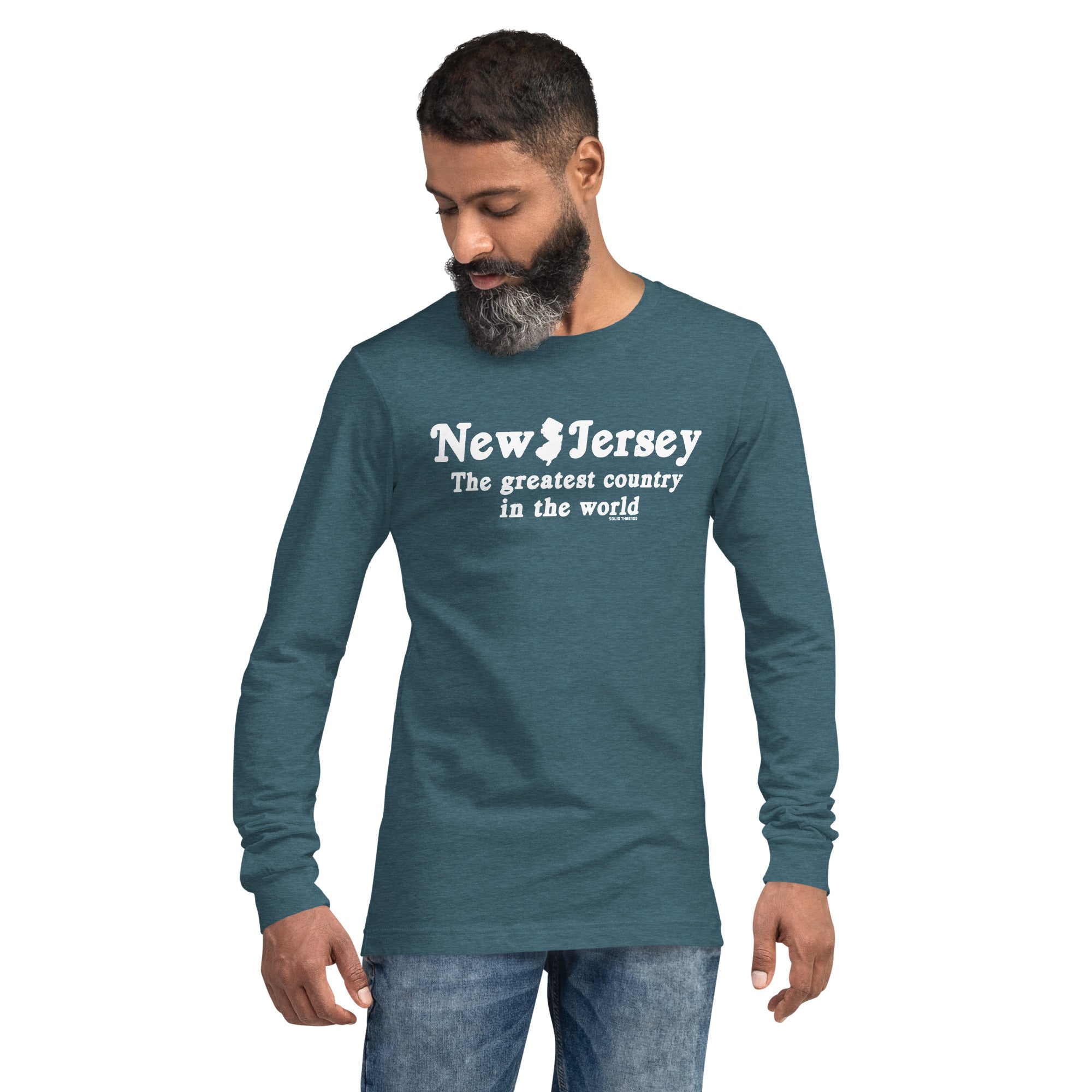 New Jersey Country Vintage Graphic Long Sleeve Tee | Funny New Jersey T-Shirt Teal On Model - Solid Threads
