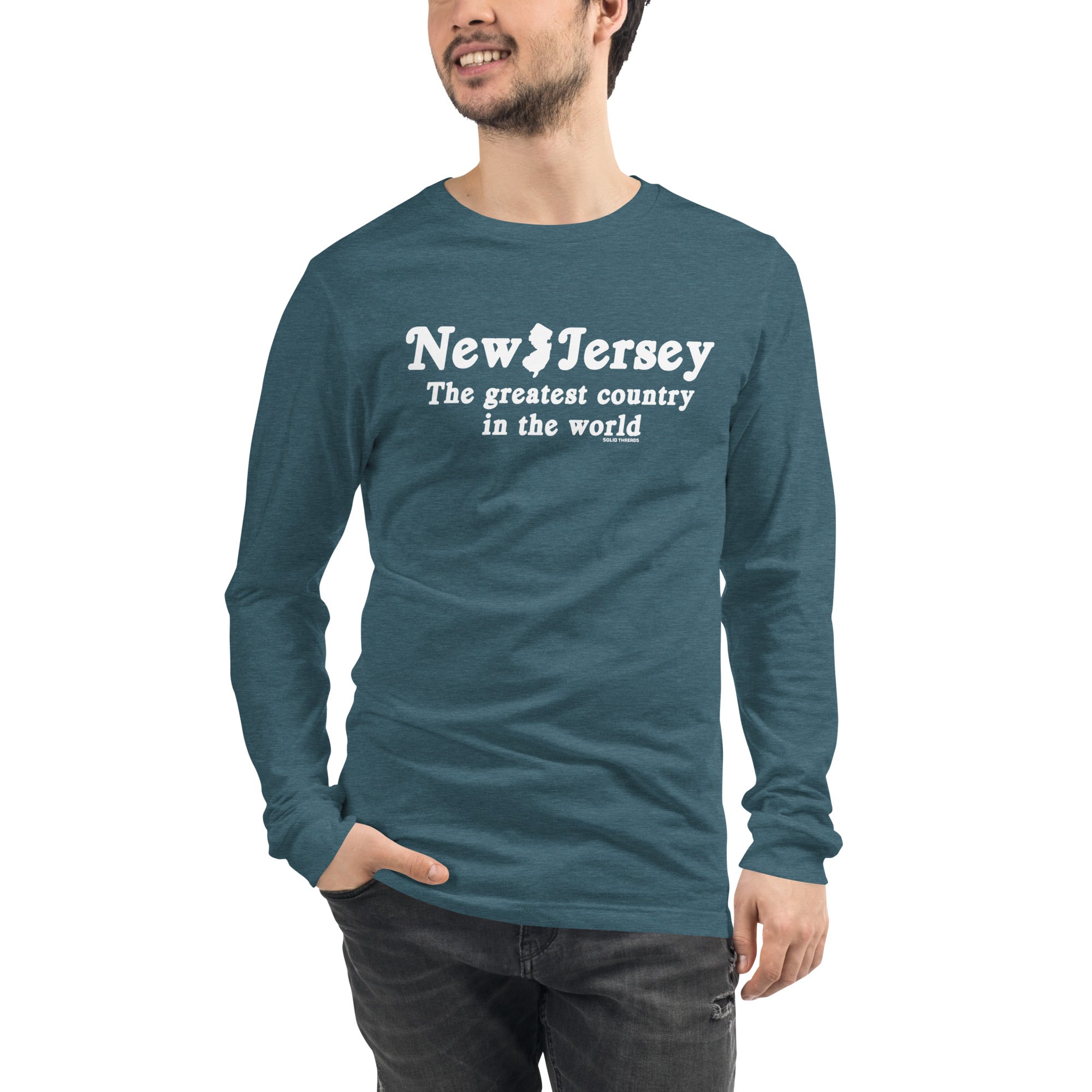 New Jersey Country Vintage Graphic Long Sleeve Tee | Funny New Jersey T-Shirt Teal Model Closeup - Solid Threads