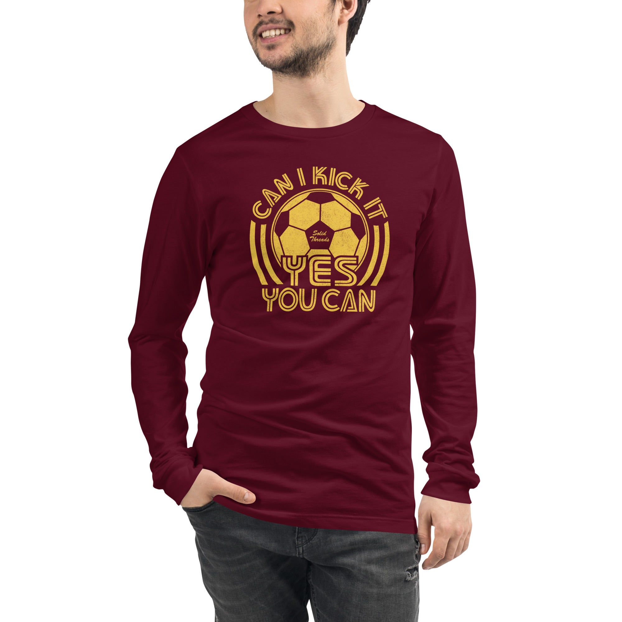 Can I Kick It Vintage Graphic Long Sleeve Tee | Retro Soccer T-Shirt Maroon Model Closeup - Solid Threads