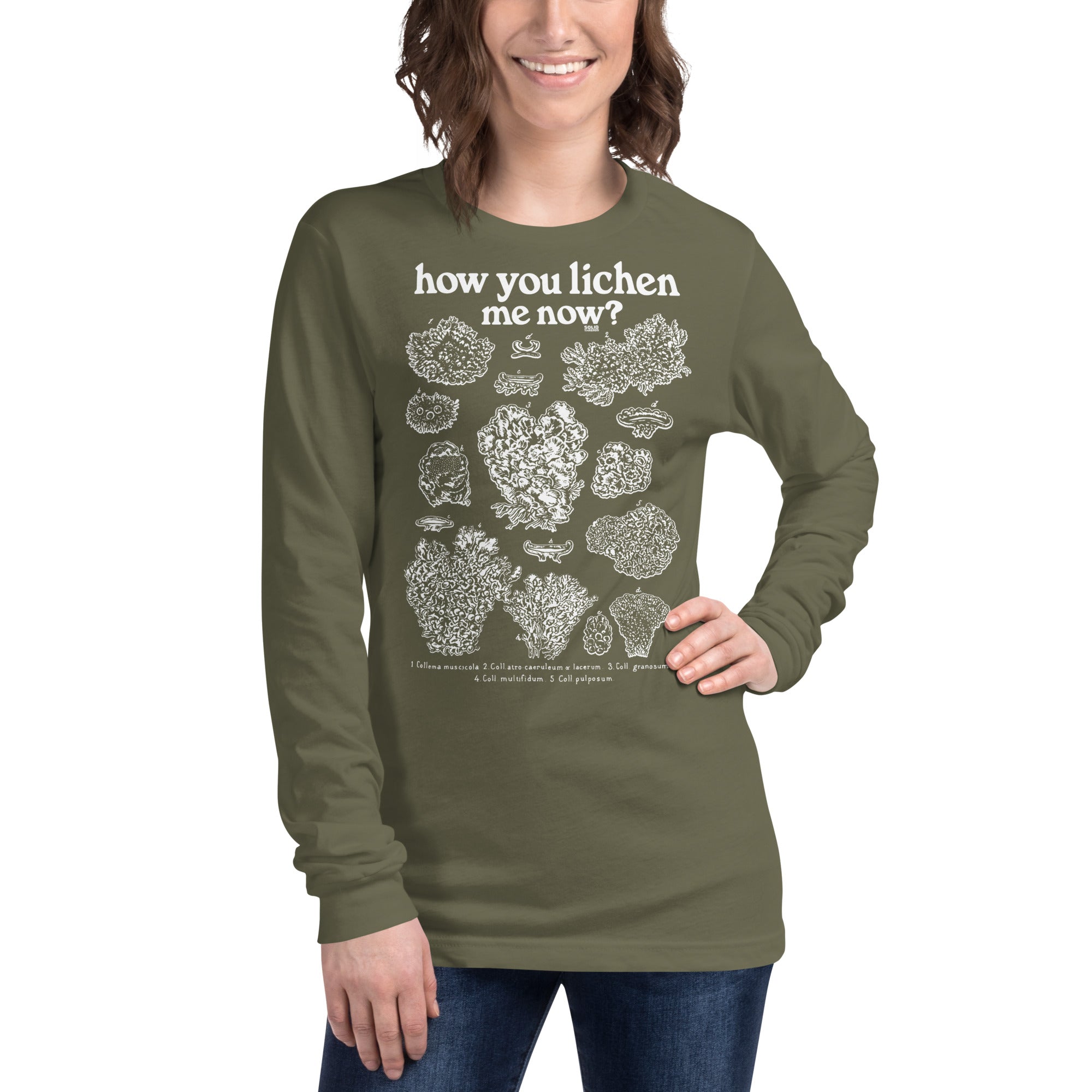 How You Lichen Me Now Vintage Graphic Long Sleeve Tee | Funny Fungi T-Shirt Military Green Female Model Closeup - Solid Threads