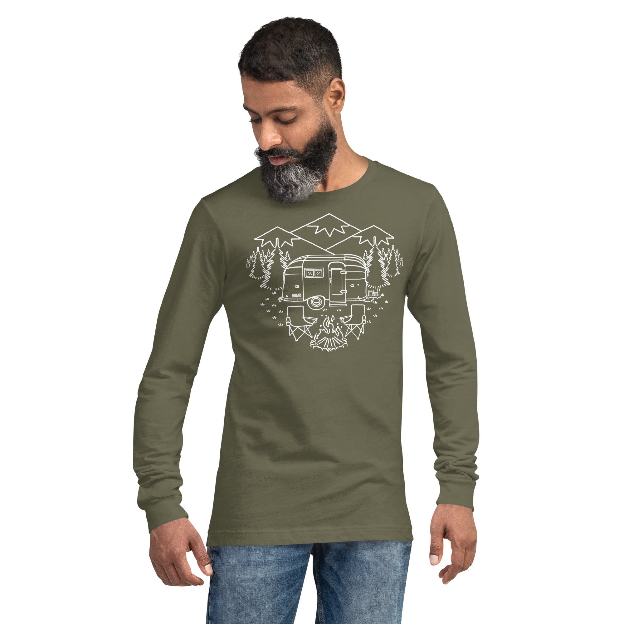 Camp Site Vintage Graphic Long Sleeve Tee | Retro Camping T-Shirt On Model - Solid Threads