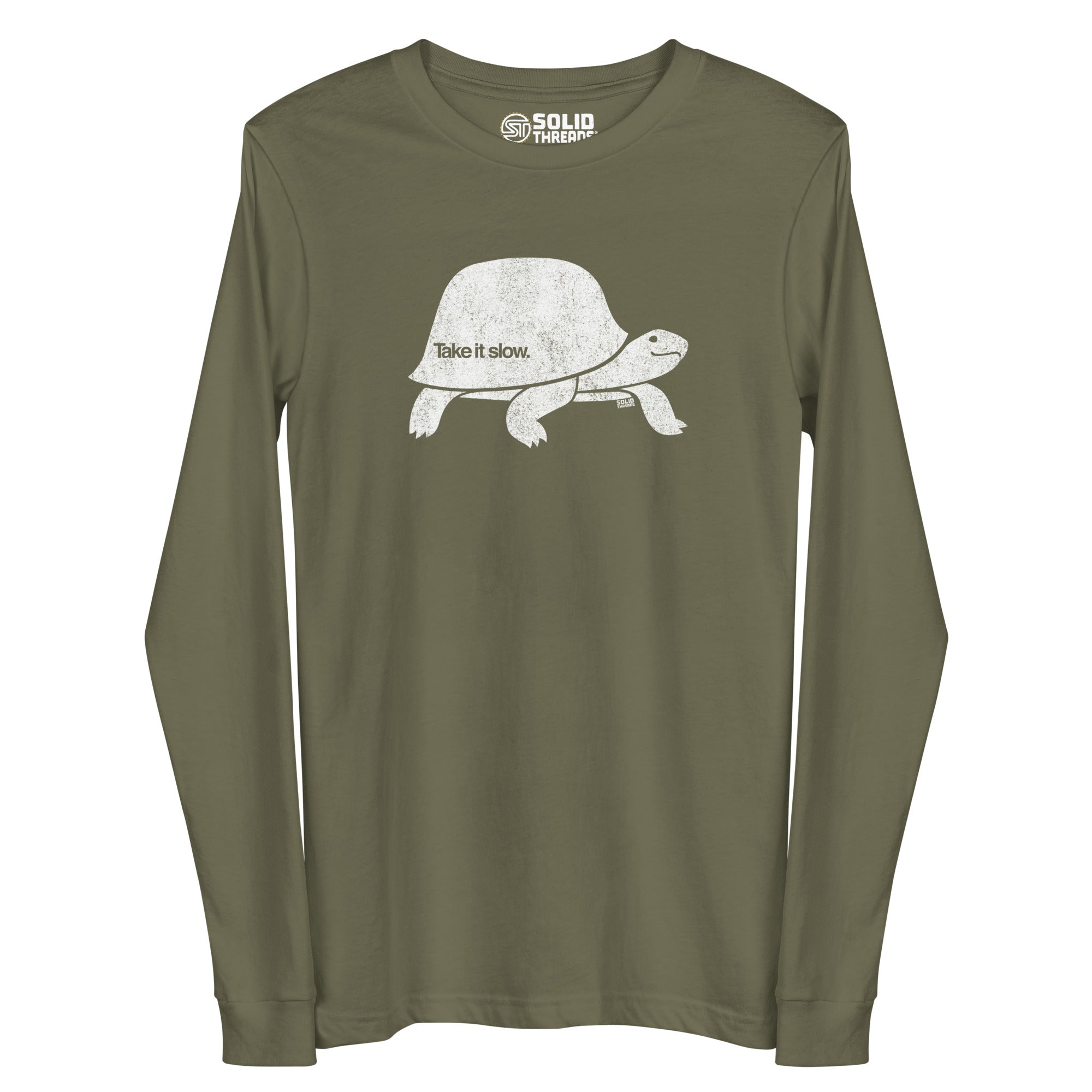 Unisex Take It Slow Vintage Graphic Long Sleeve Tee | Funny Turtle T-Shirt - Solid Threads