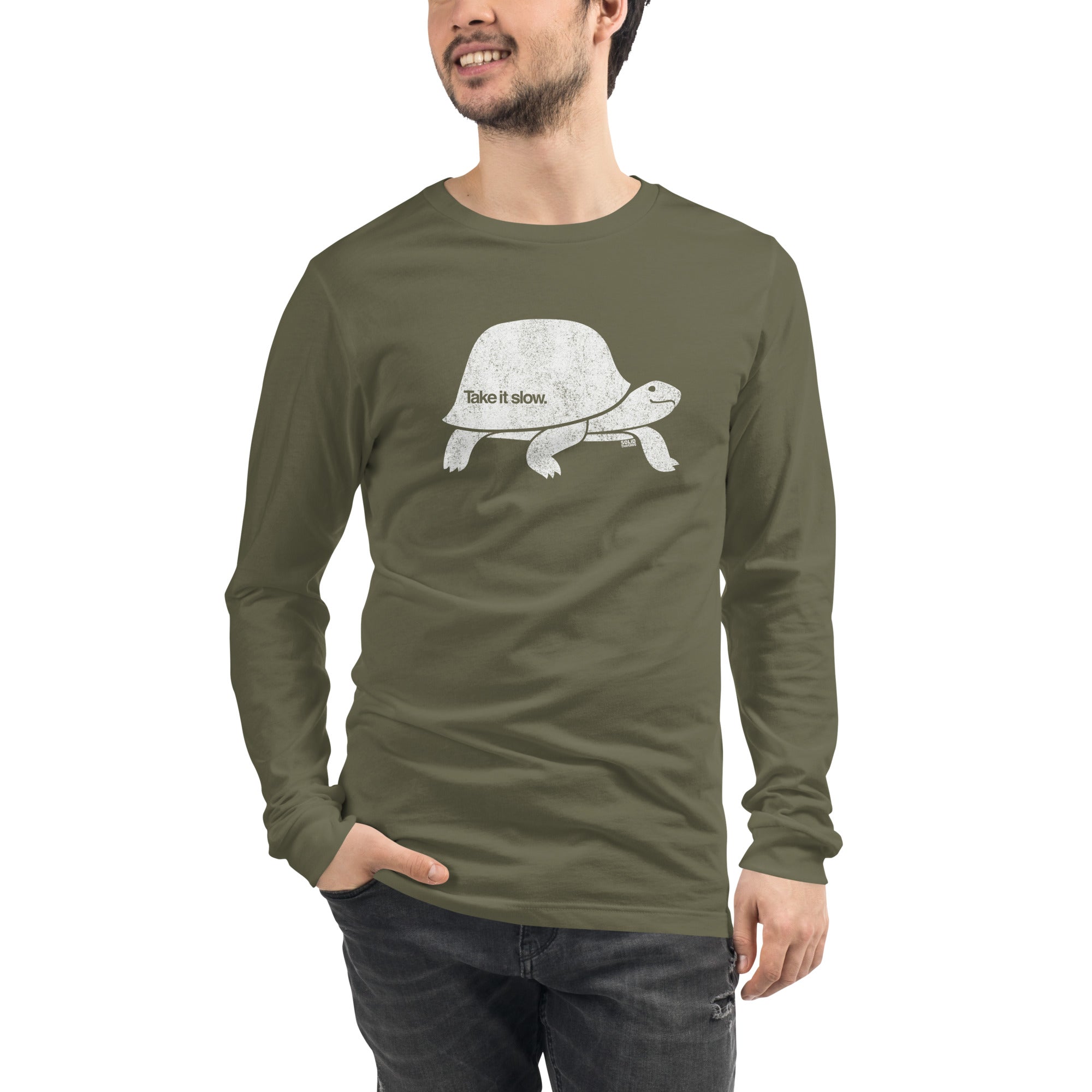 Unisex Take It Slow Vintage Graphic Long Sleeve Tee | Funny Turtle T-Shirt Model Closeup | Solid Threads
