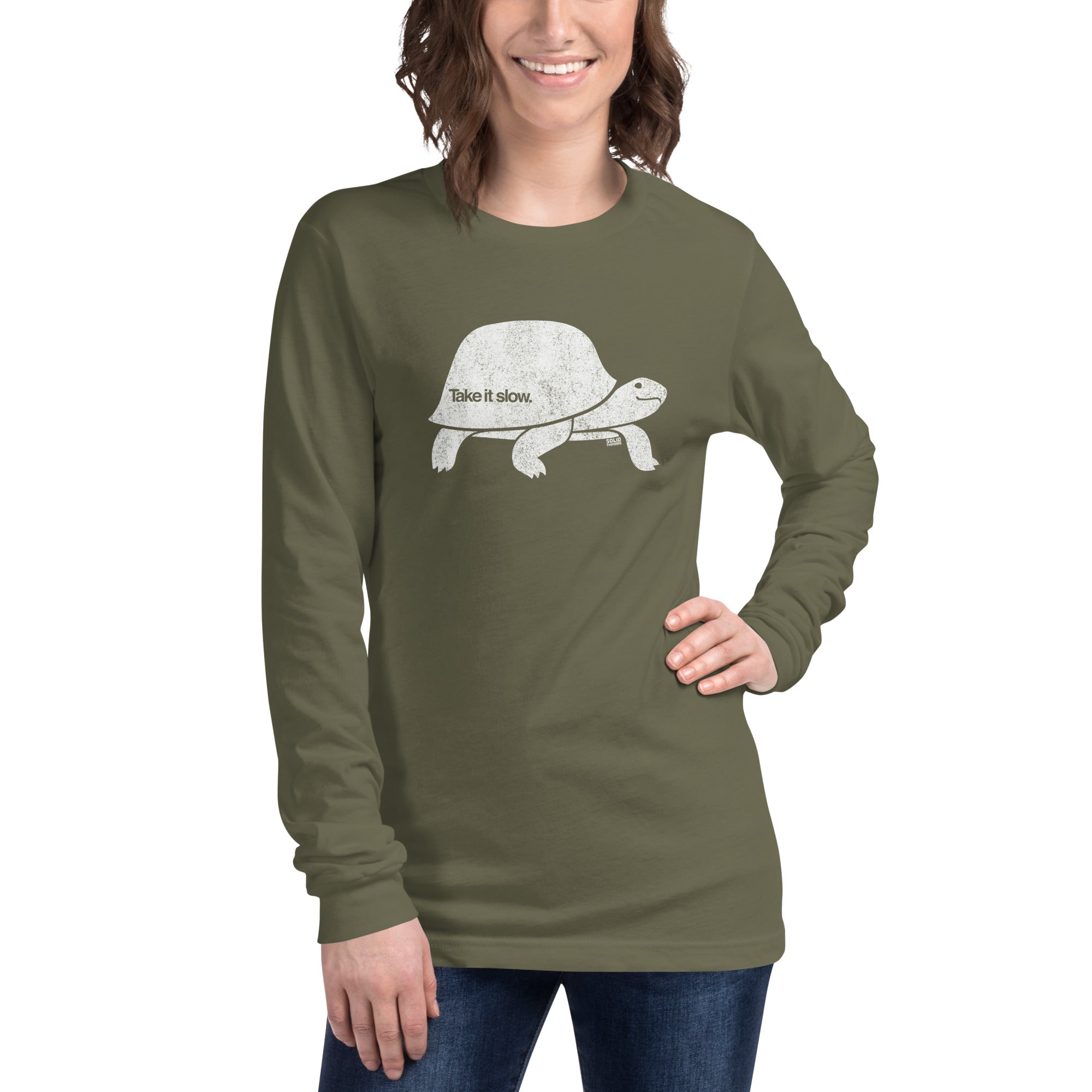 Take It Slow Vintage Graphic Long Sleeve Tee | Funny Turtle T-Shirt Female Model Closeup- Solid Threads