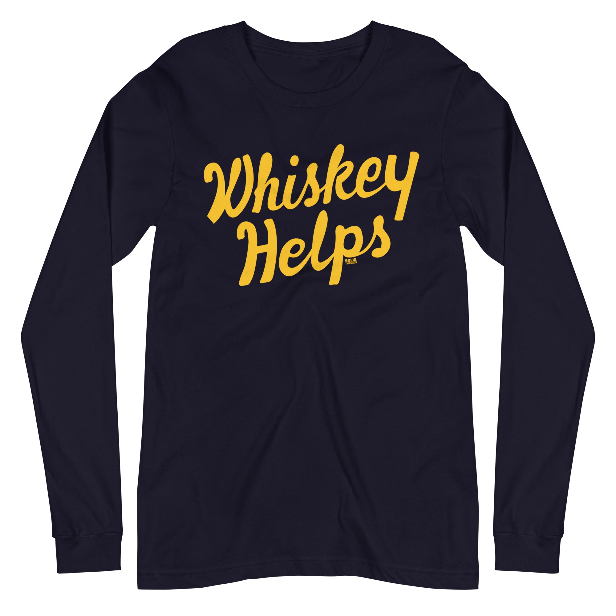 Whiskey Helps Vintage Graphic Long Sleeve Tee | Funny Drinking T-Shirt Navy - Solid Threads