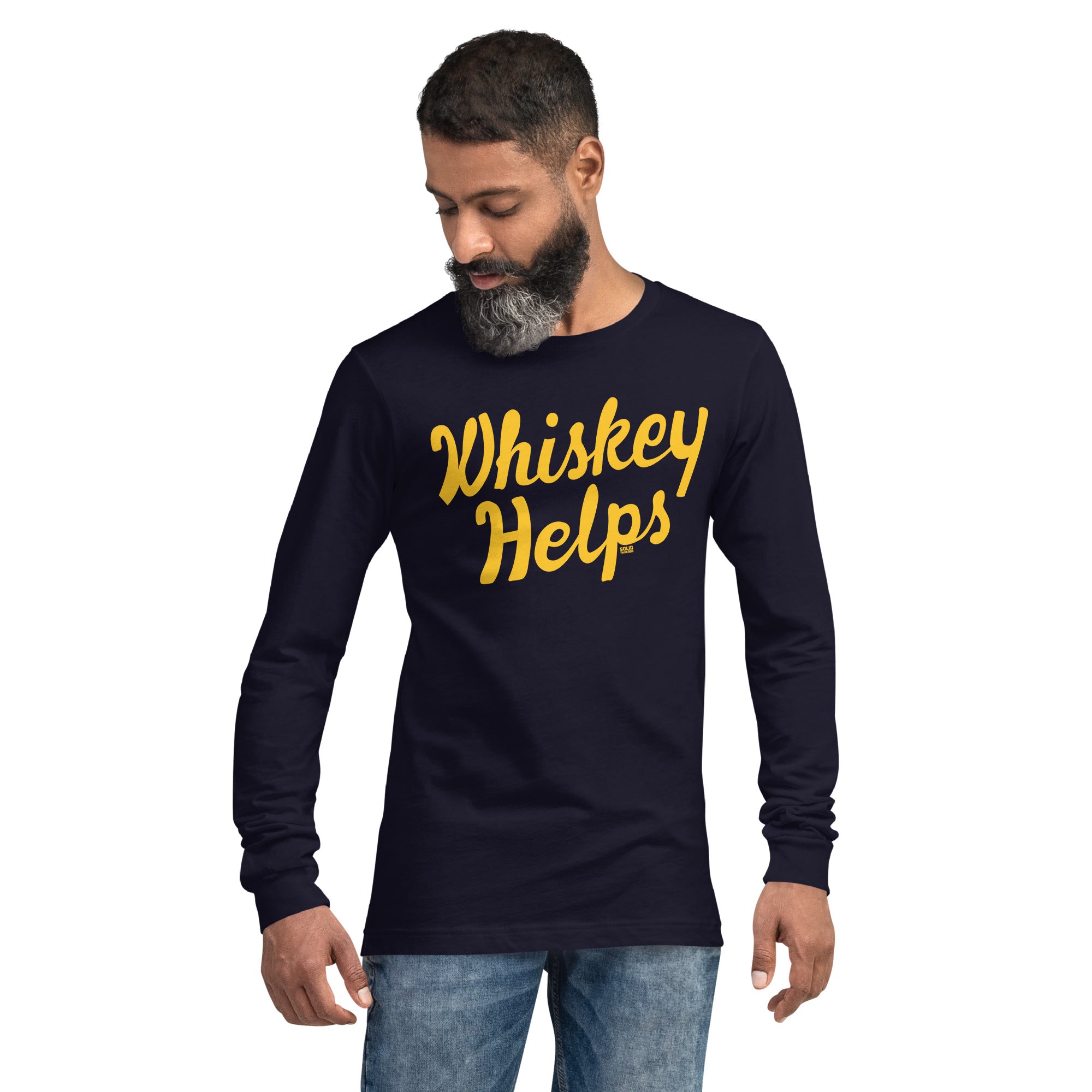 Whiskey Helps Vintage Graphic Long Sleeve Tee | Funny Drinking T-Shirt Navy Model - Solid Threads