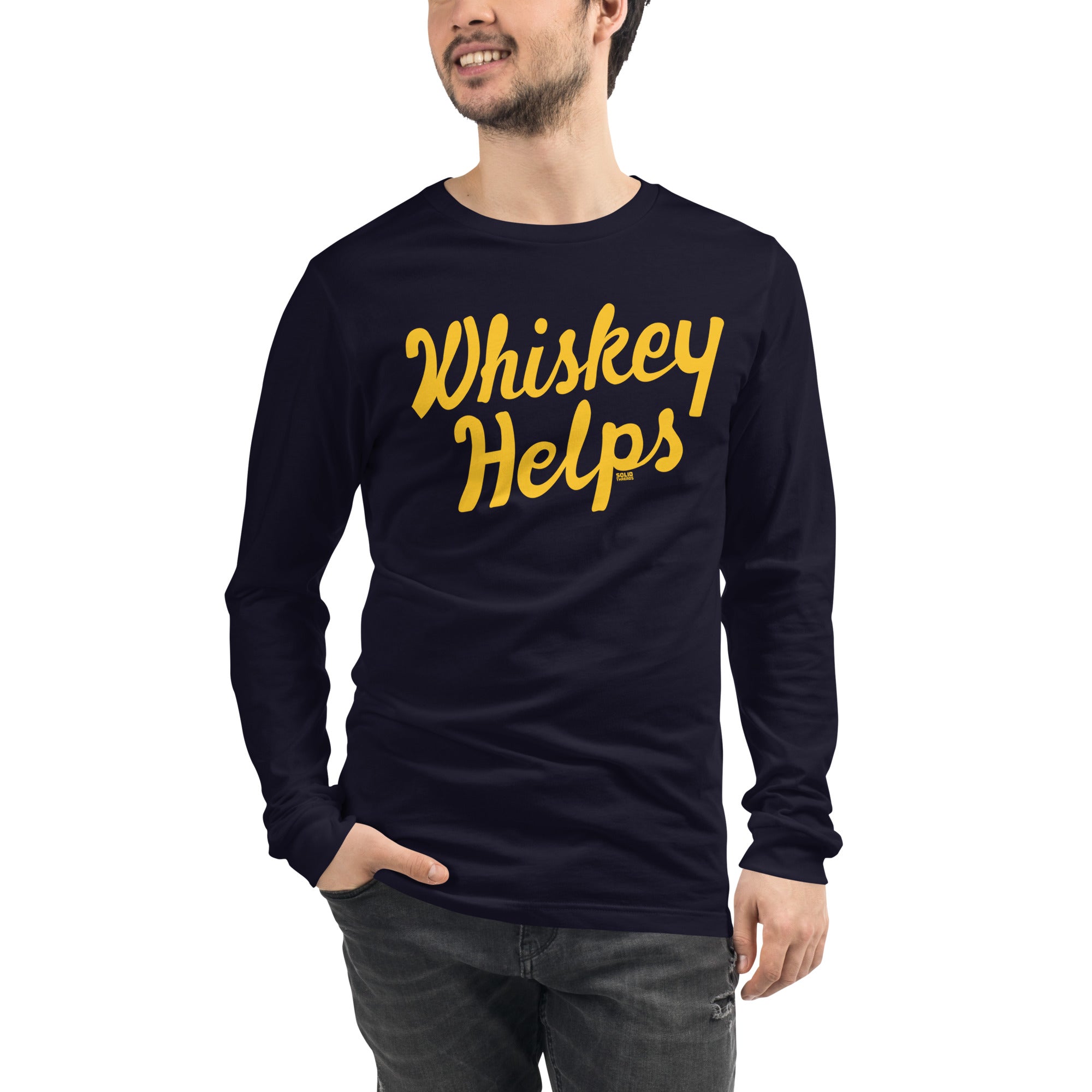 Whiskey Helps Vintage Graphic Long Sleeve Tee | Funny Drinking T-Shirt Navy Model Closeup - Solid Threads