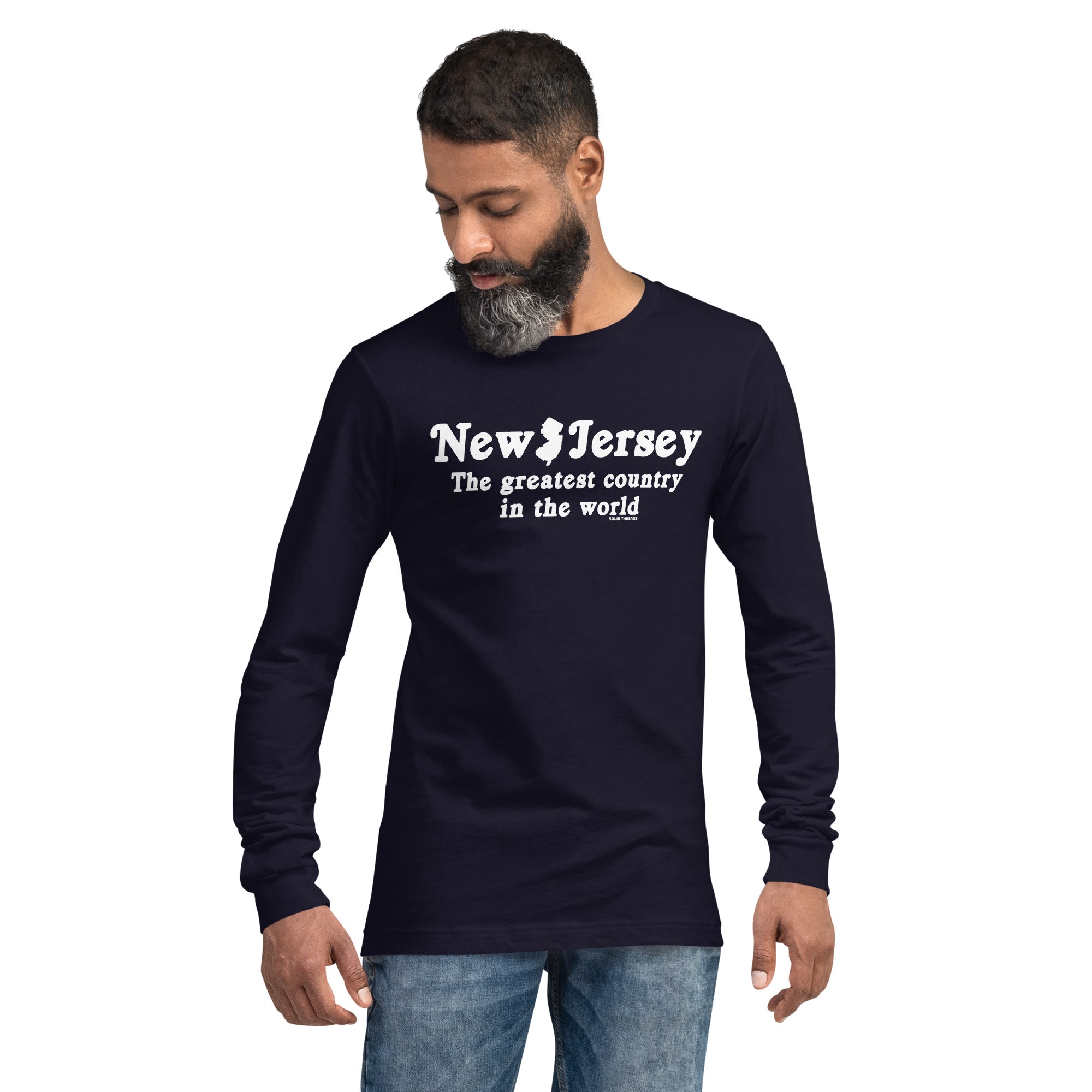 New Jersey Country Vintage Graphic Long Sleeve Tee | Funny New Jersey T-Shirt Navy On Model - Solid Threads