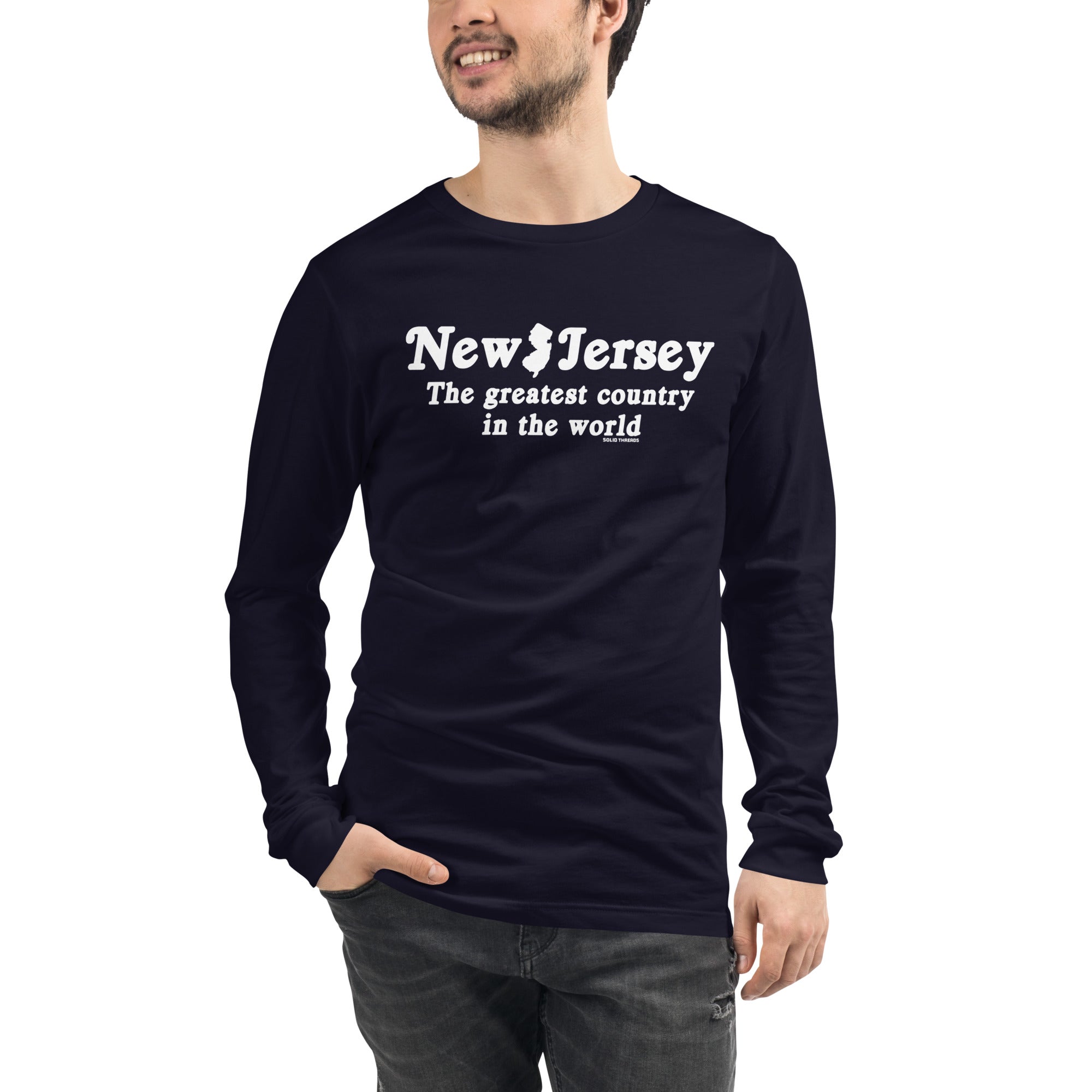 New Jersey Country Vintage Graphic Long Sleeve Tee | Funny New Jersey T-Shirt Navy Model Closeup - Solid Threads