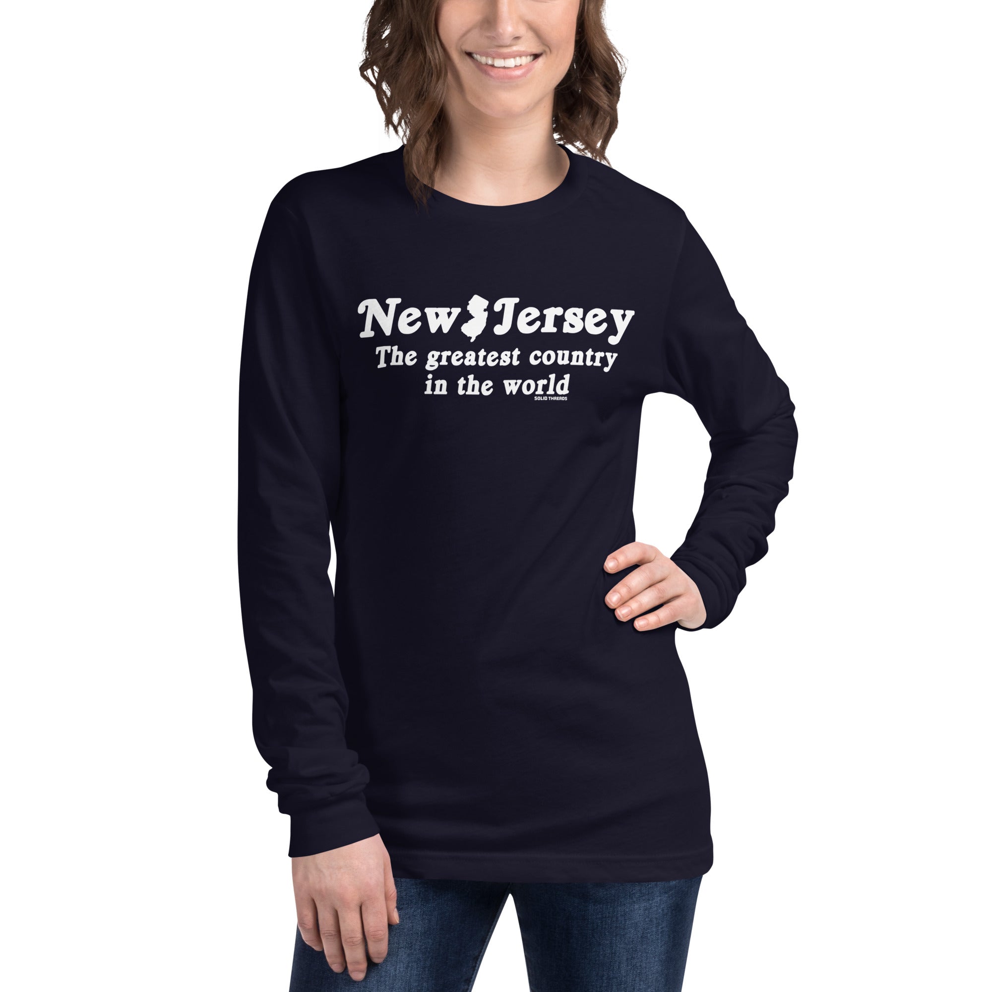 New Jersey Country Vintage Graphic Long Sleeve Tee | Funny New Jersey T-Shirt Navy Female Model Closeup - Solid Threads