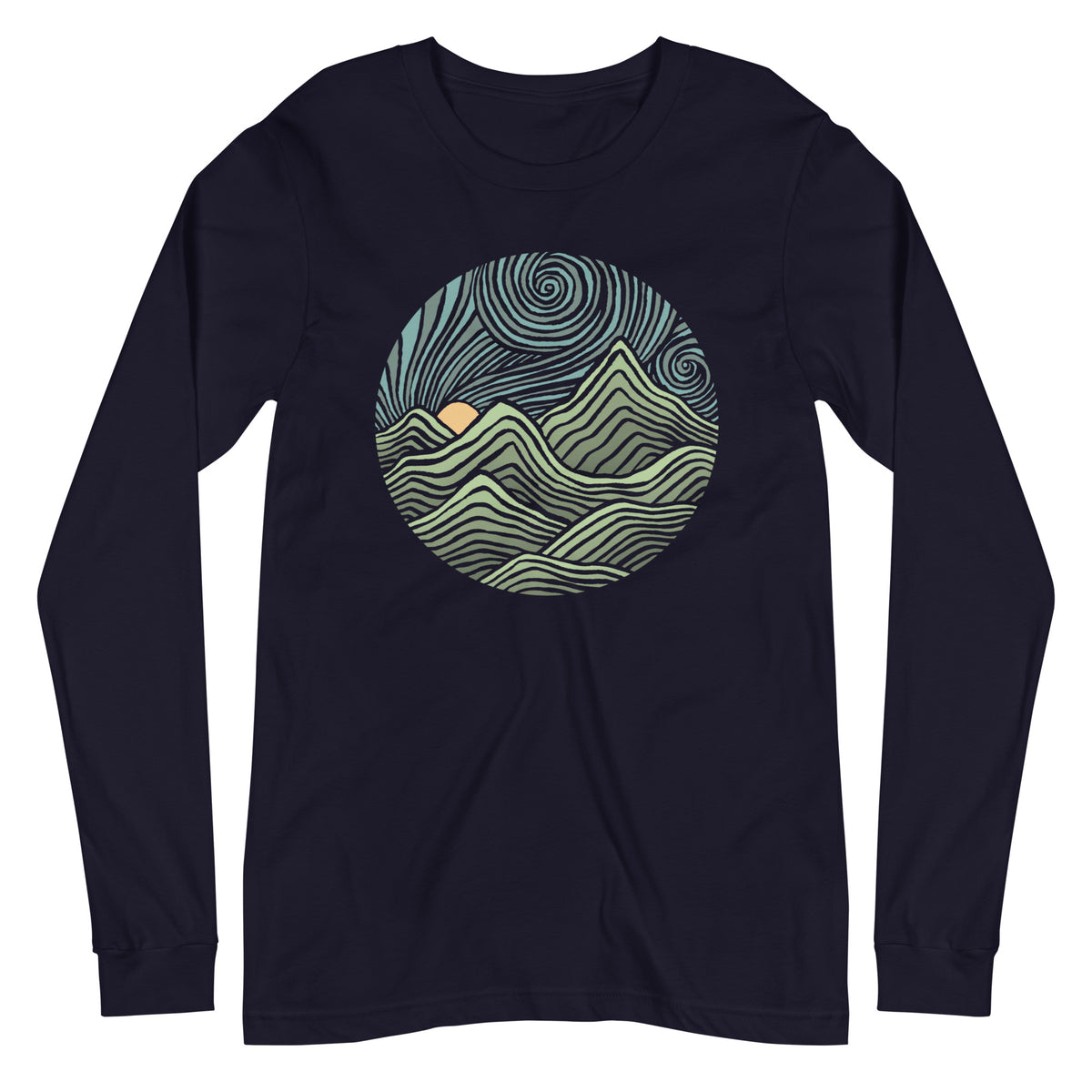 Unisex Swirly Mountains Vintage Graphic Long Sleeve Tee | Retro Nature T-Shirt - Solid Threads