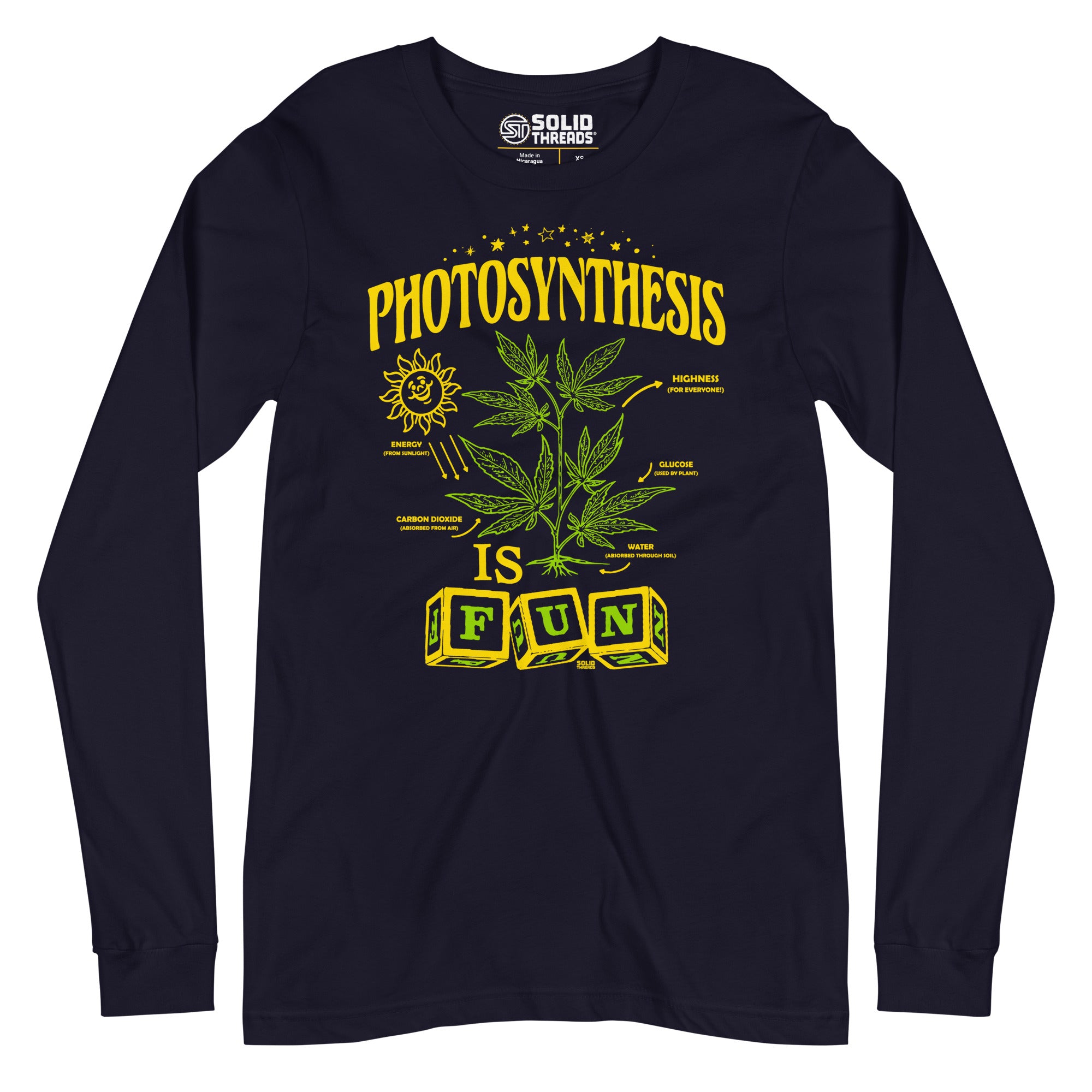 Photosynthesis Is Fun Vintage Graphic Long Sleeve Tee | Funny Marijuana T-Shirt Navy - Solid Threads