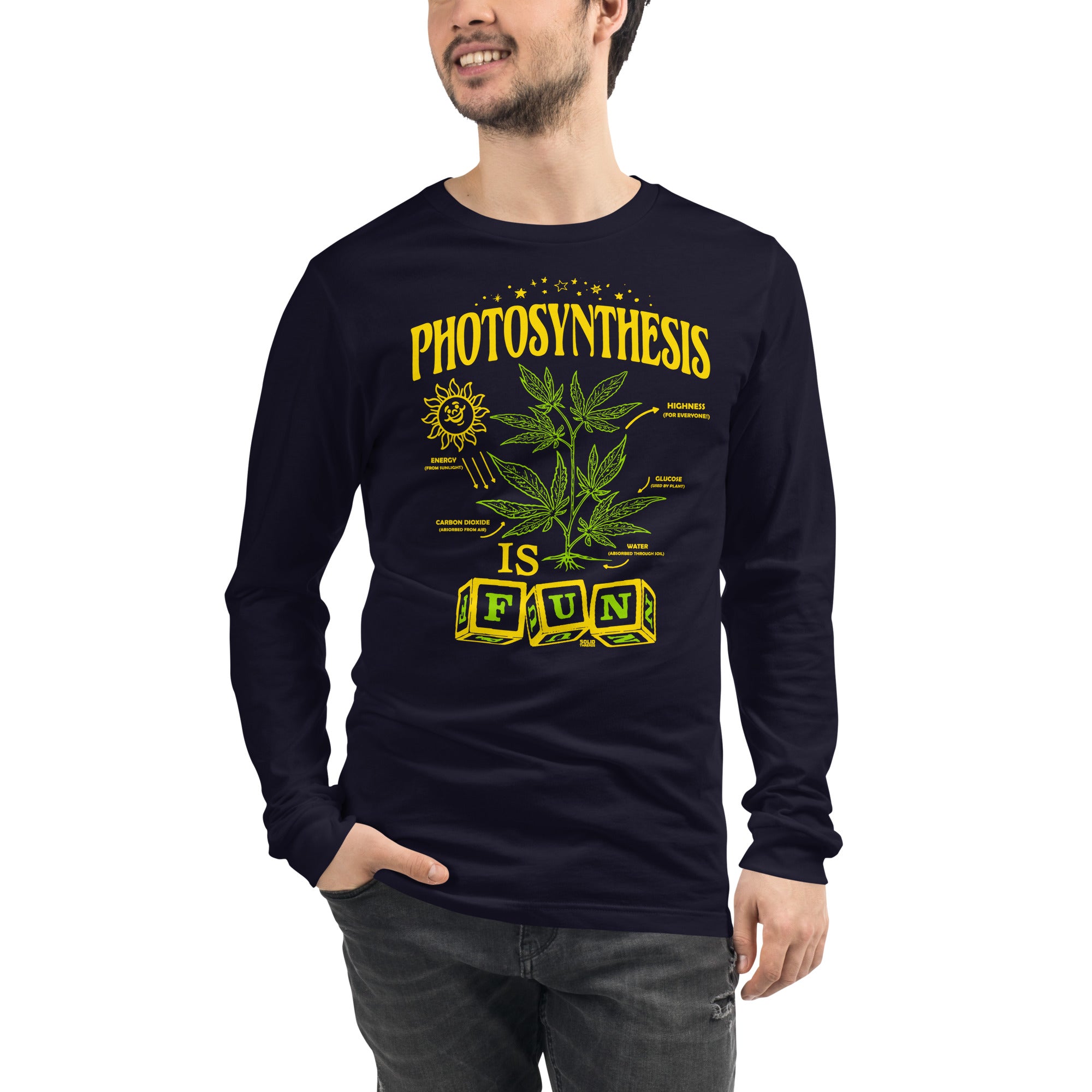 Photosynthesis Is Fun Vintage Graphic Long Sleeve Tee | Funny Marijuana T-Shirt Navy Model Closeup - Solid Threads