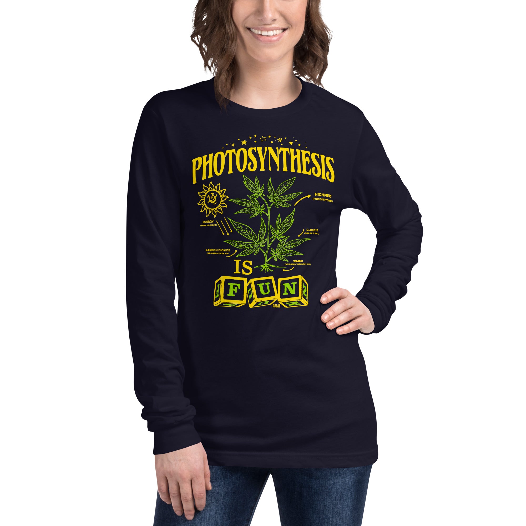 Photosynthesis Is Fun Vintage Graphic Long Sleeve Tee | Funny Marijuana T-Shirt Navy Female Model Closeup- Solid Threads