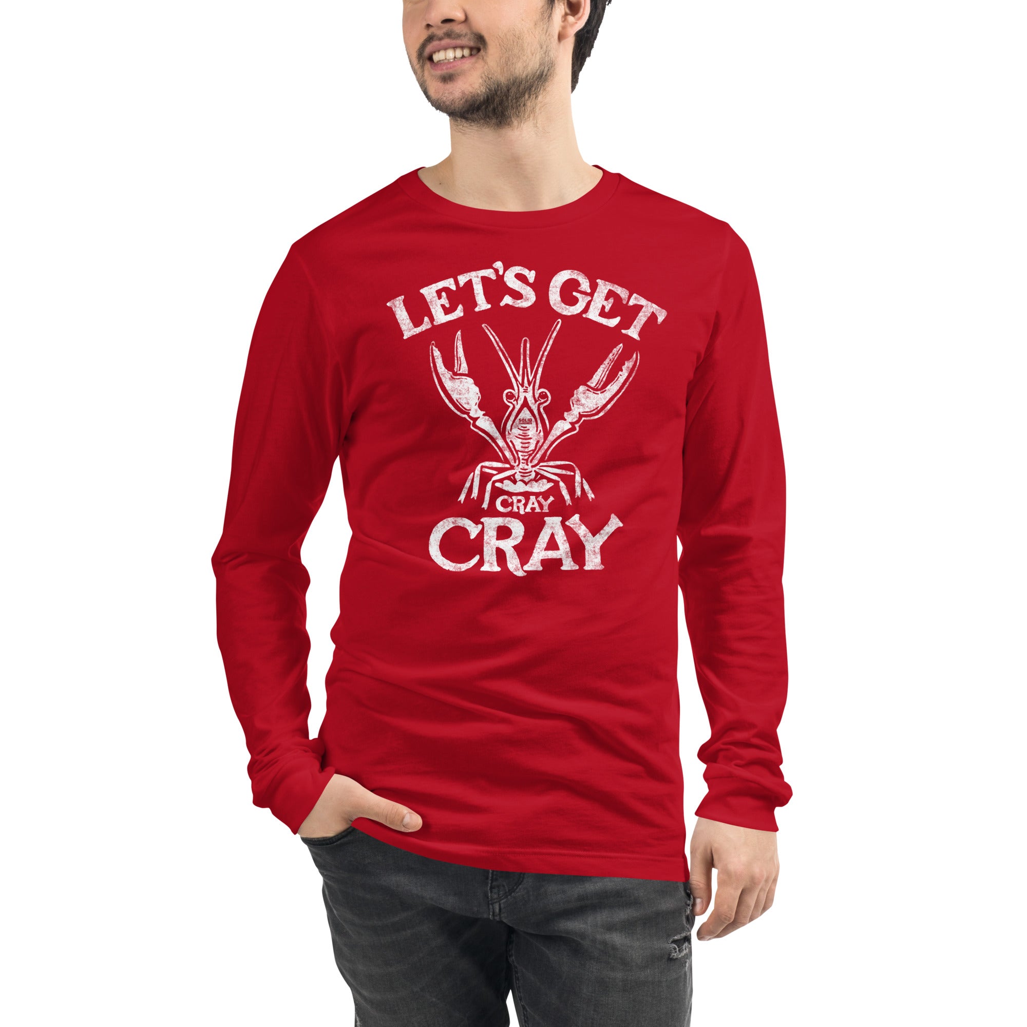 Let's Get Cray Cray Vintage Graphic Long Sleeve Tee | Funny Crawfish T-Shirt Model Closeup - Solid Threads