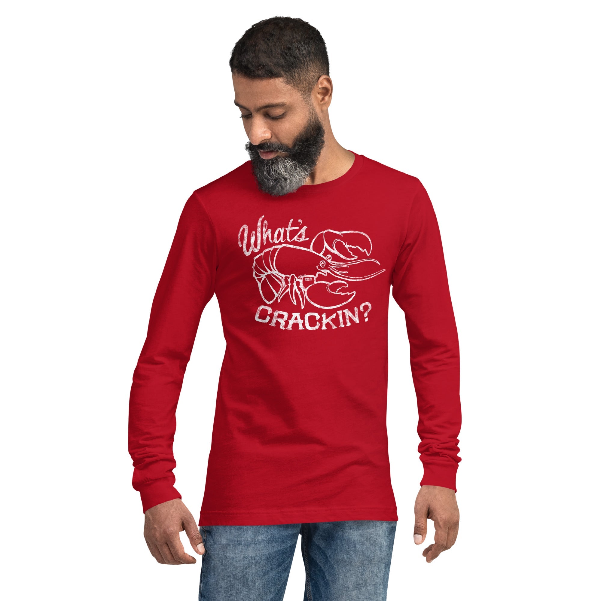 What's Crackin Vintage Graphic Long Sleeve Tee | Funny Crawfish T-Shirt On Model - Solid Threads