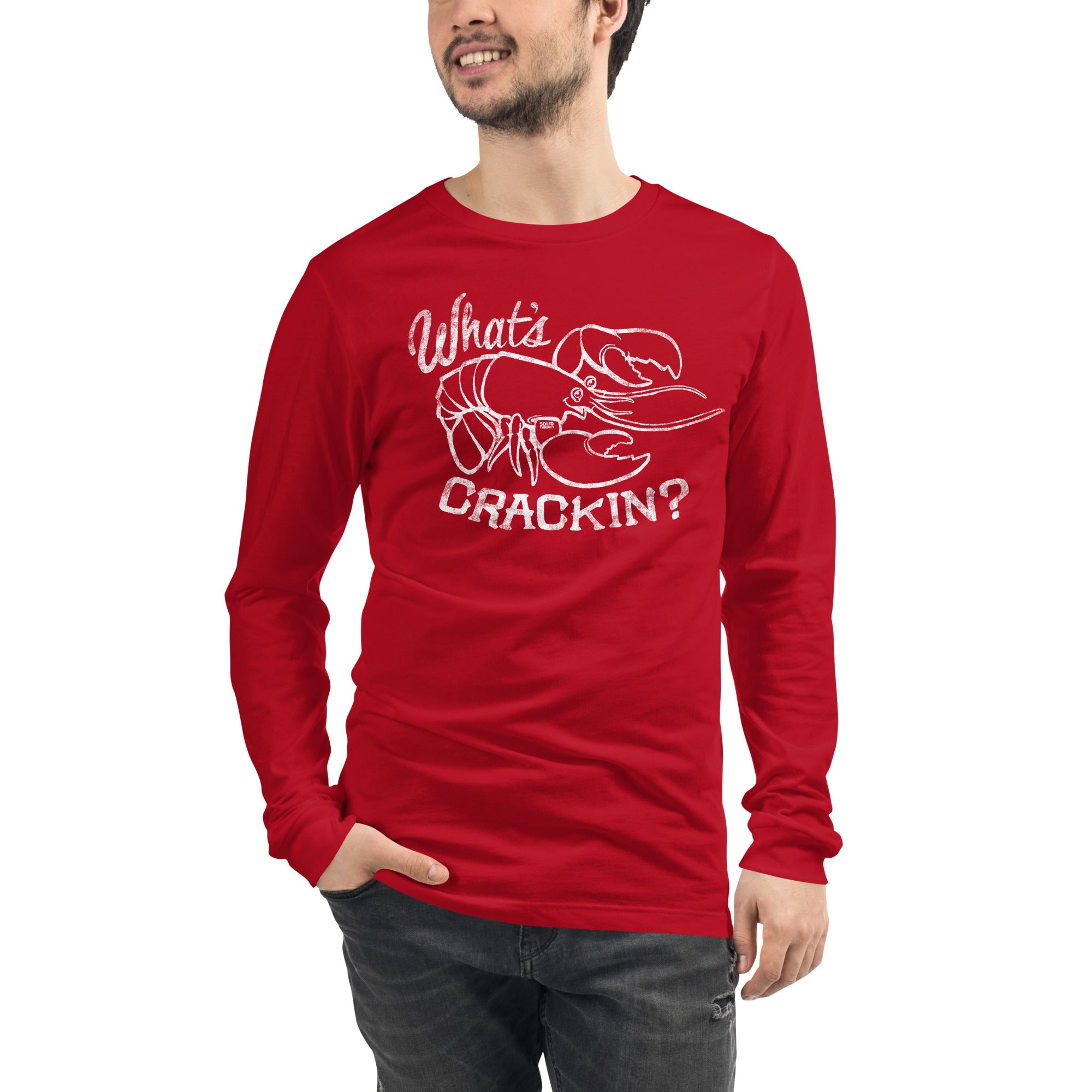 What's Crackin Vintage Graphic Long Sleeve Tee | Funny Crawfish T-Shirt Model Closeup - Solid Threads