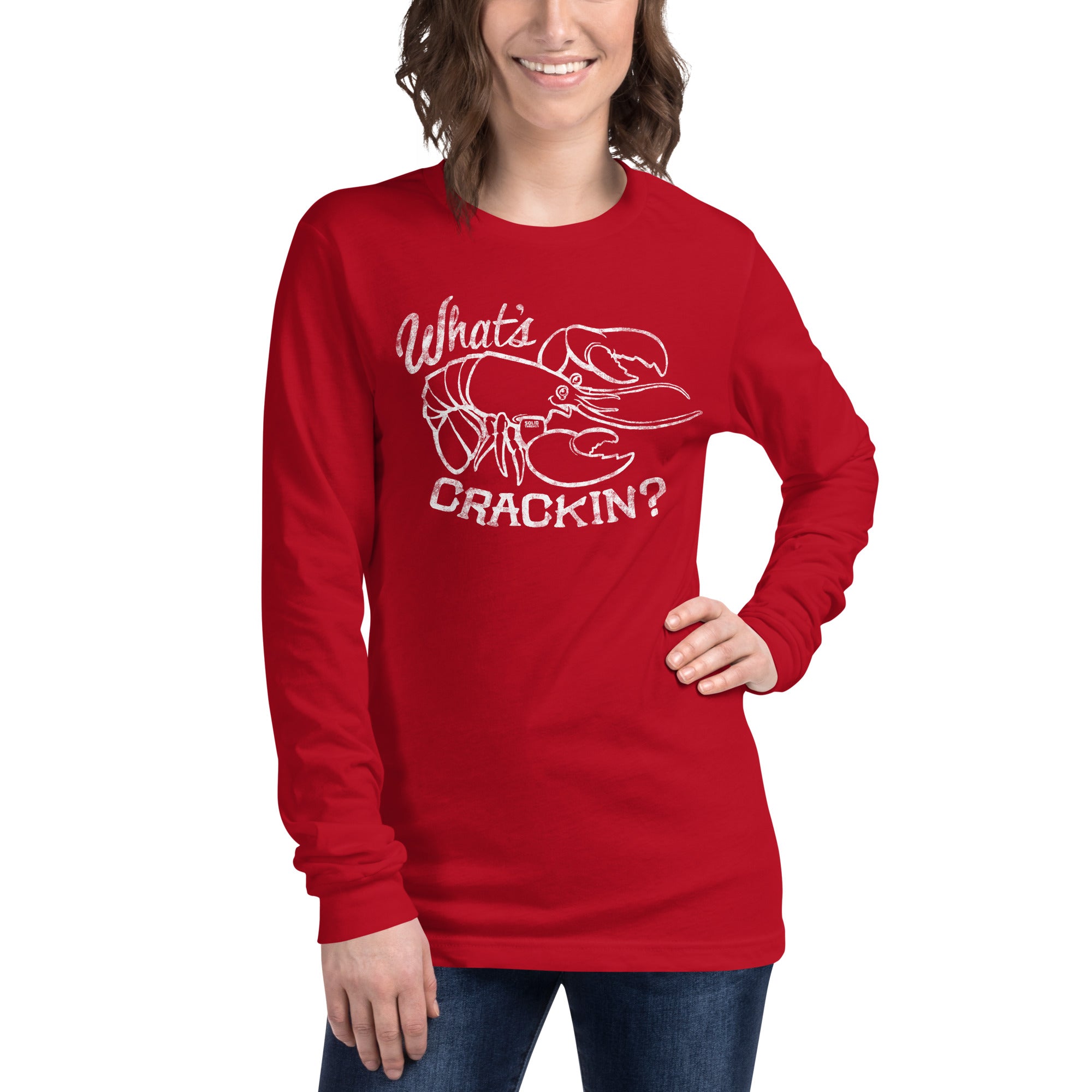 What's Crackin Vintage Graphic Long Sleeve Tee | Funny Crawfish T-Shirt Female Model Closeup - Solid Threads
