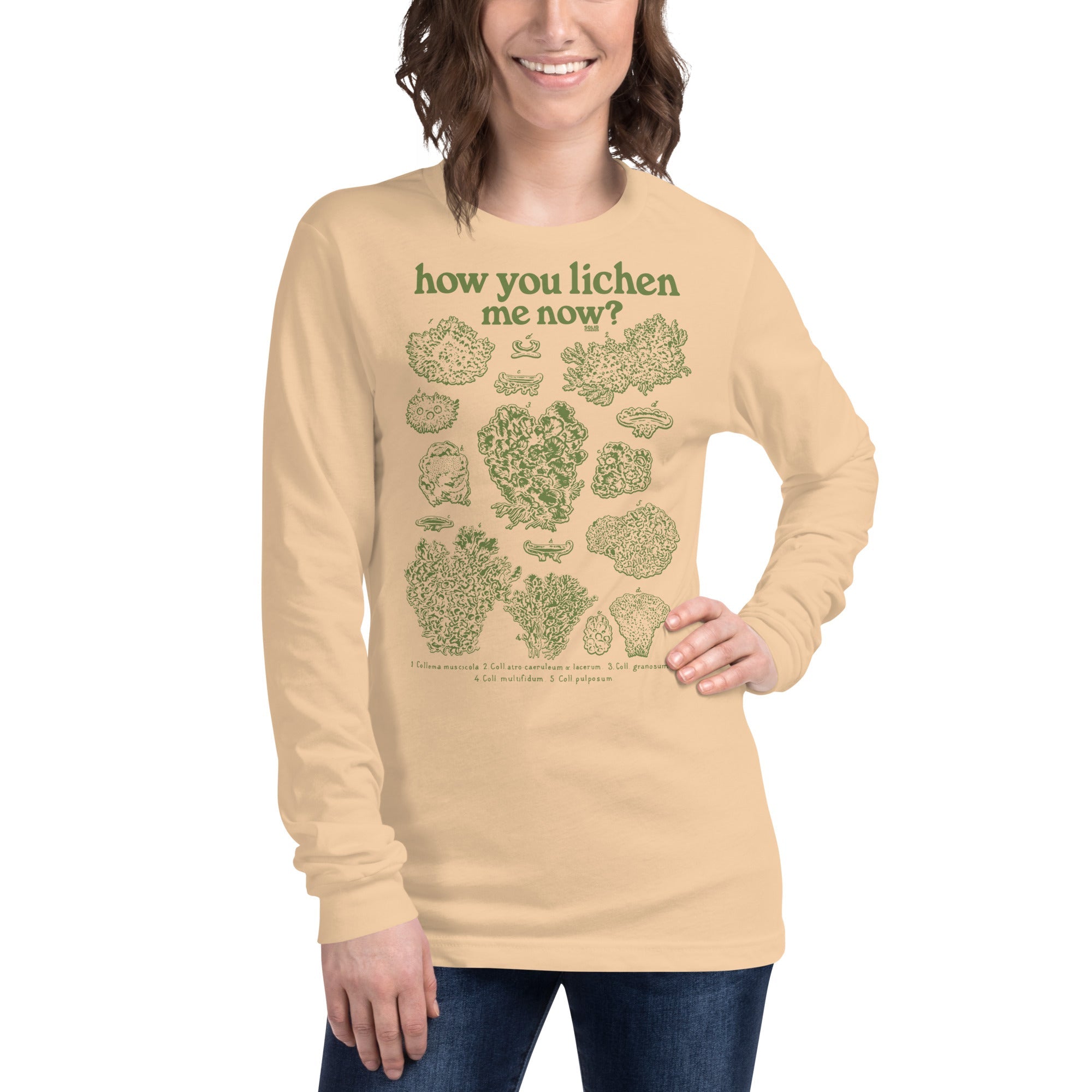 How You Lichen Me Now Vintage Graphic Long Sleeve Tee | Funny Fungi T-Shirt Sand Dune Female Model Closeup - Solid Threads