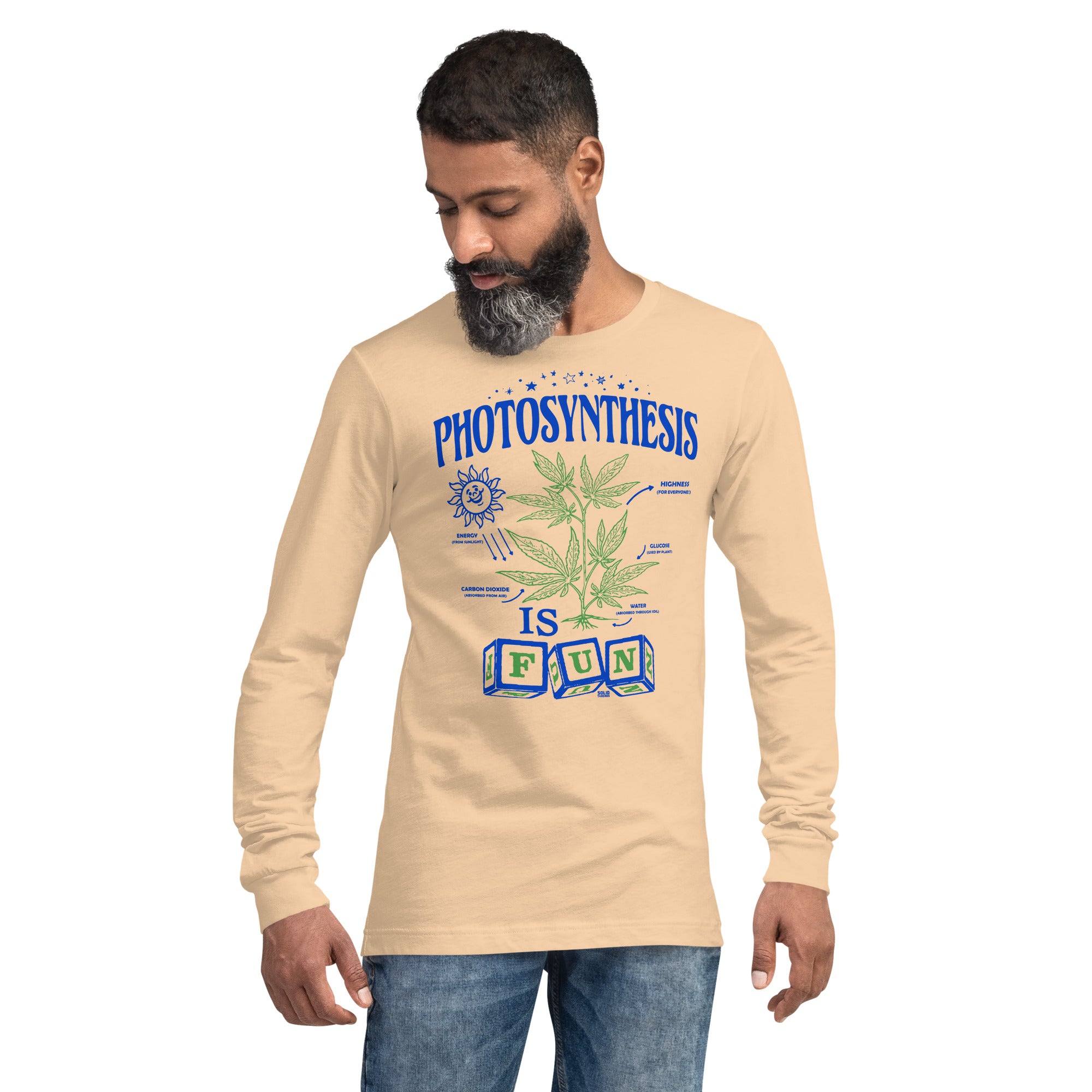 Photosynthesis Is Fun Vintage Graphic Long Sleeve Tee | Funny Marijuana T-Shirt Sand Dune On Model - Solid Threads