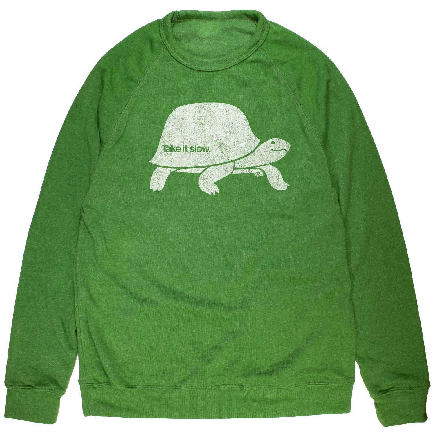 Take It Slow Vintage Inspired Fleece Crewneck Sweatshirt with funny turtle graphic | Solid Threads
