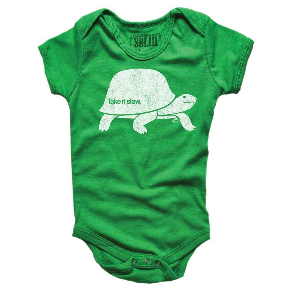 Baby Take It Slow Retro Patience Graphic One Piece | Cute Turtle Soft Baby Romper | Solid Threads